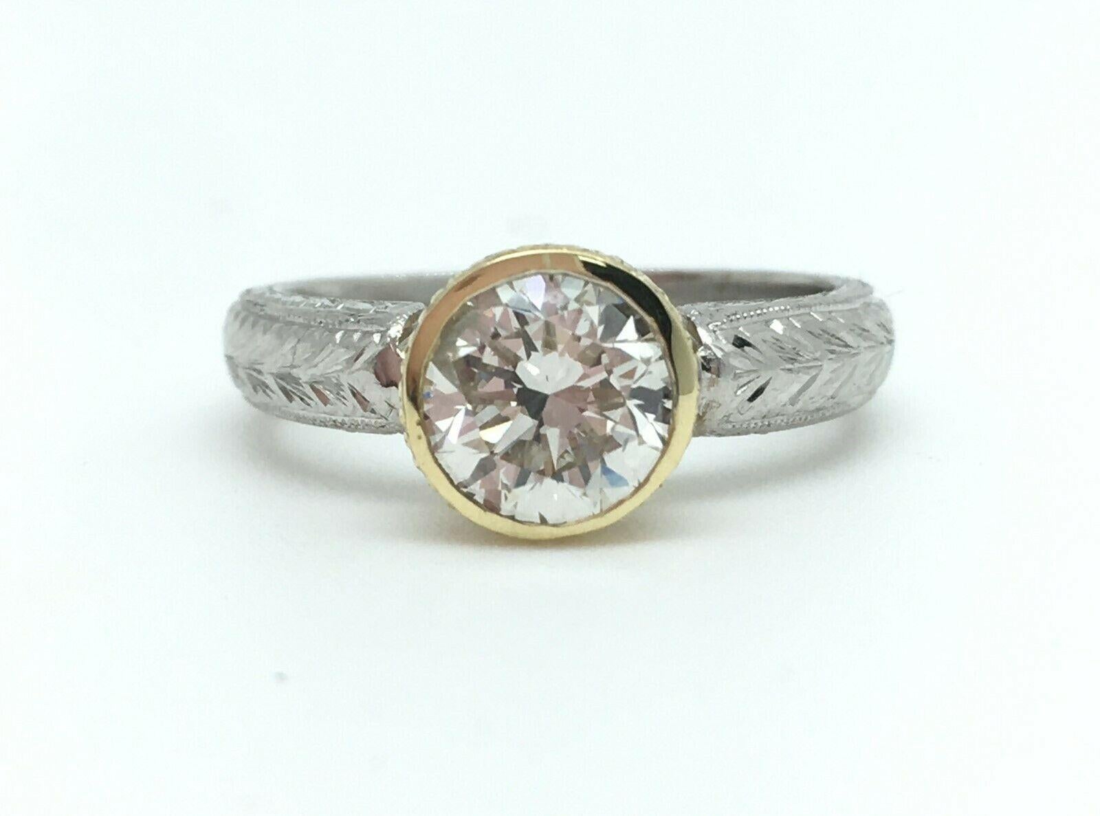 Round Cut Estate Platinum 18 Karat Yellow Gold 1.21 Carat Diamond Engagement Ring For Sale
