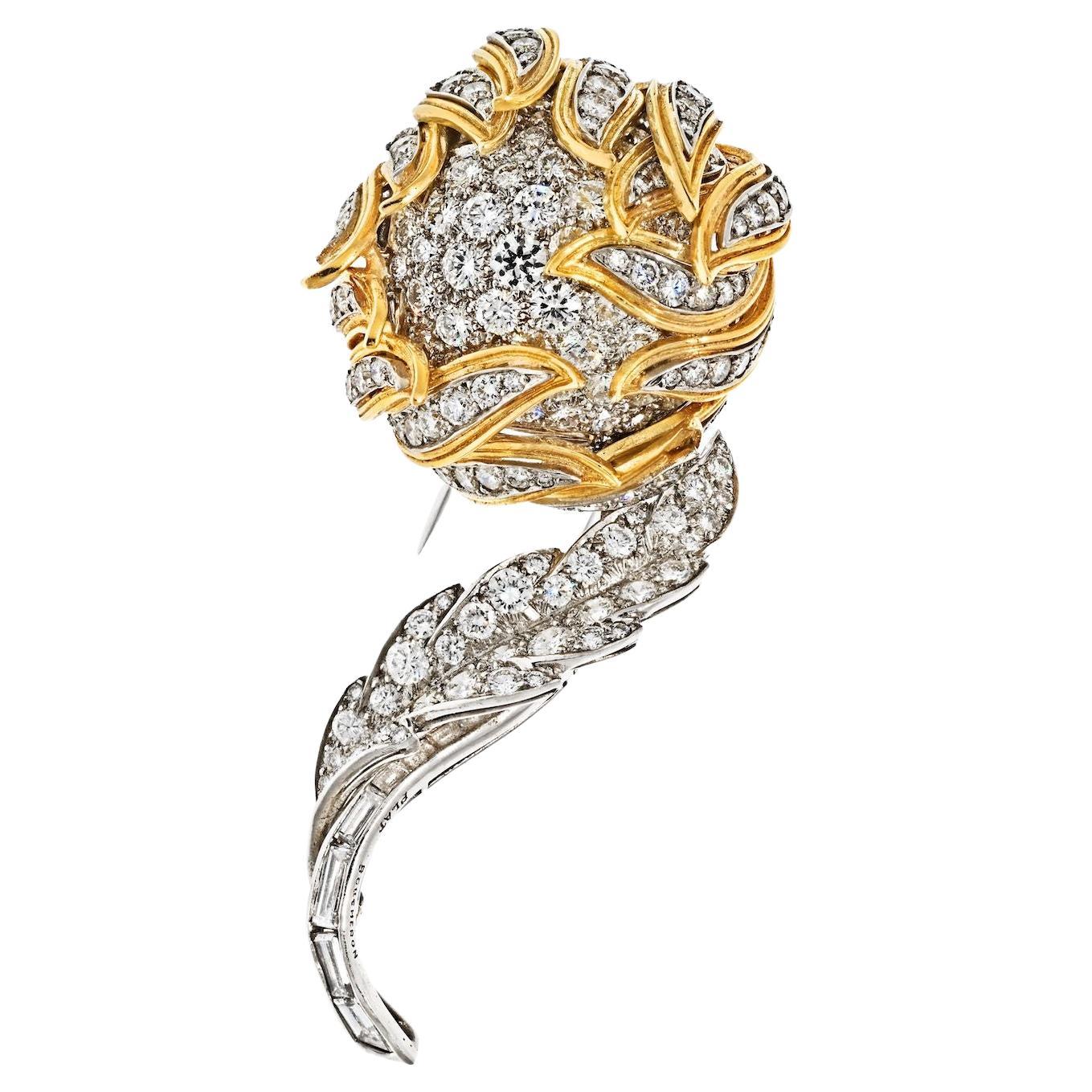 Broche fleur en platine et or jaune 18 carats avec diamants (années 1970)