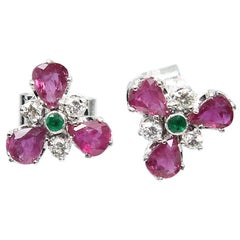 Antique Estate Platinum 2 Carat Ruby, Diamond and Emerald Earrings