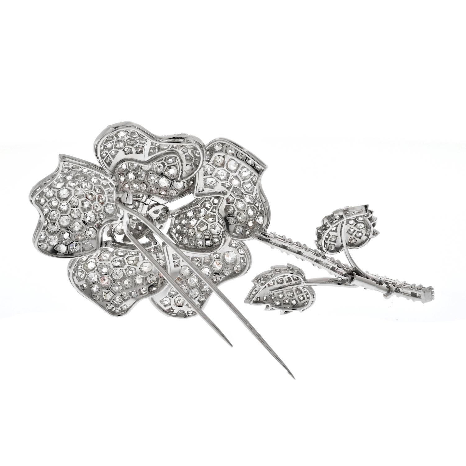 Estate Platinum 27.00cttw Diamond Rose Flower Brooch In Excellent Condition For Sale In New York, NY