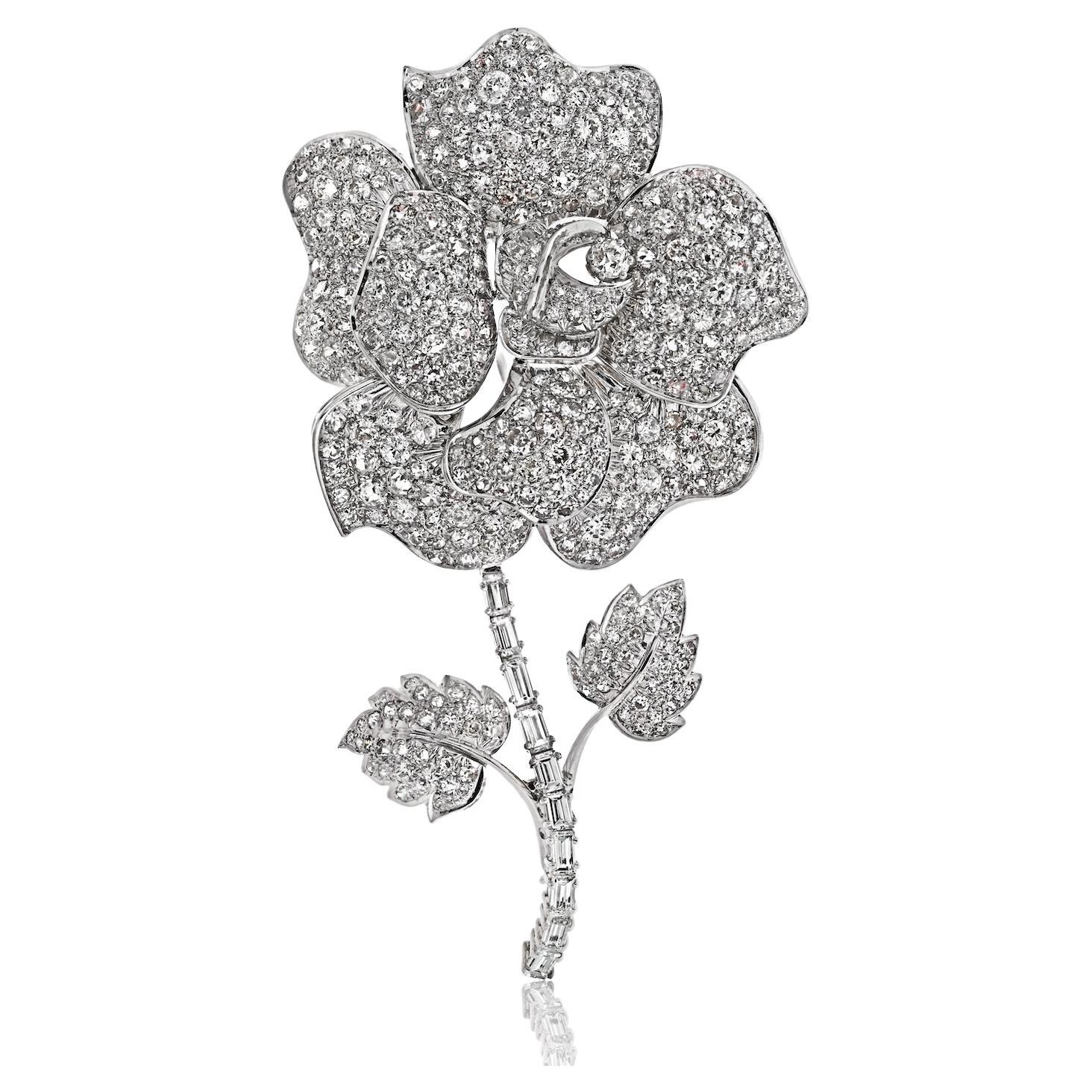 Estate Platinum 27.00cttw Diamond Rose Flower Brooch For Sale