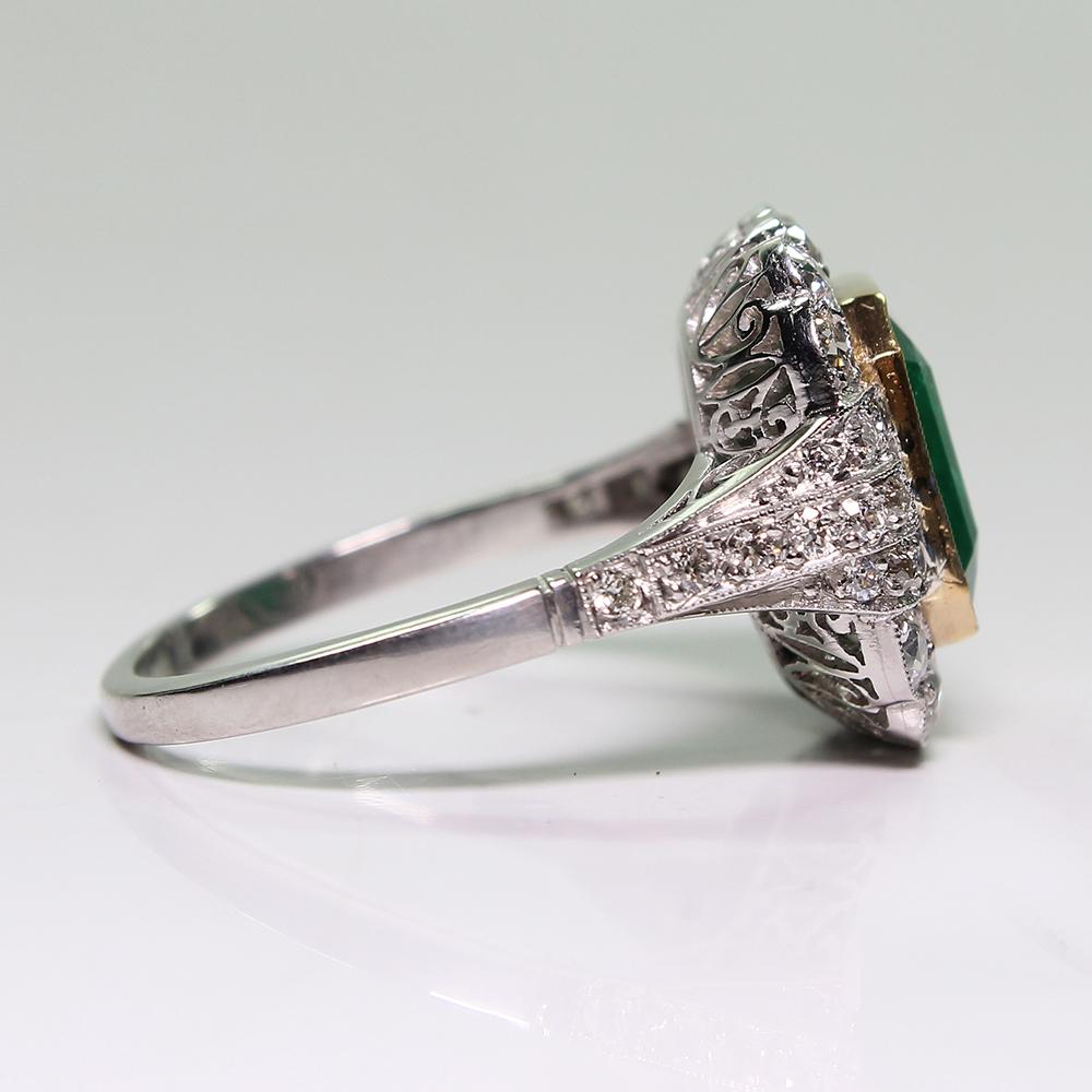 Art Deco Estate Platinum 2.94 Carat Emerald and Diamond Ring