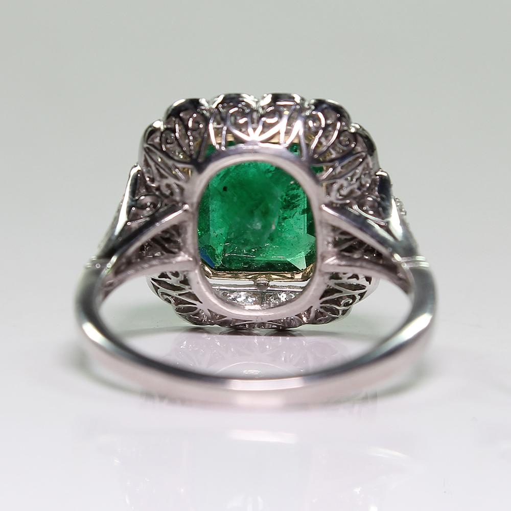 Old Mine Cut Estate Platinum 2.94 Carat Emerald and Diamond Ring