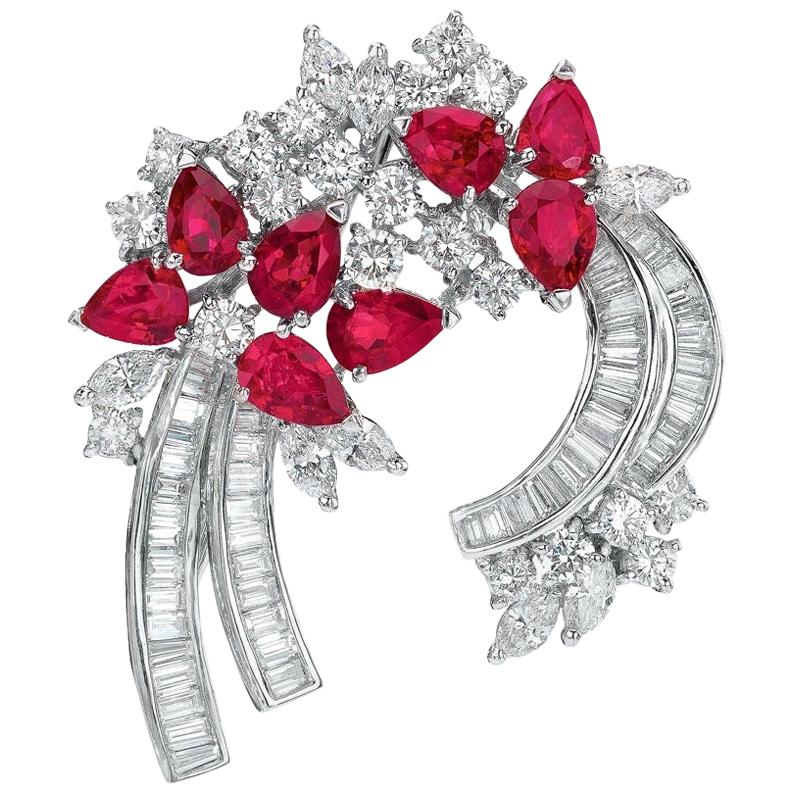 Estate Platinum 8.74 Carat Ruby and Diamond Brooch For Sale