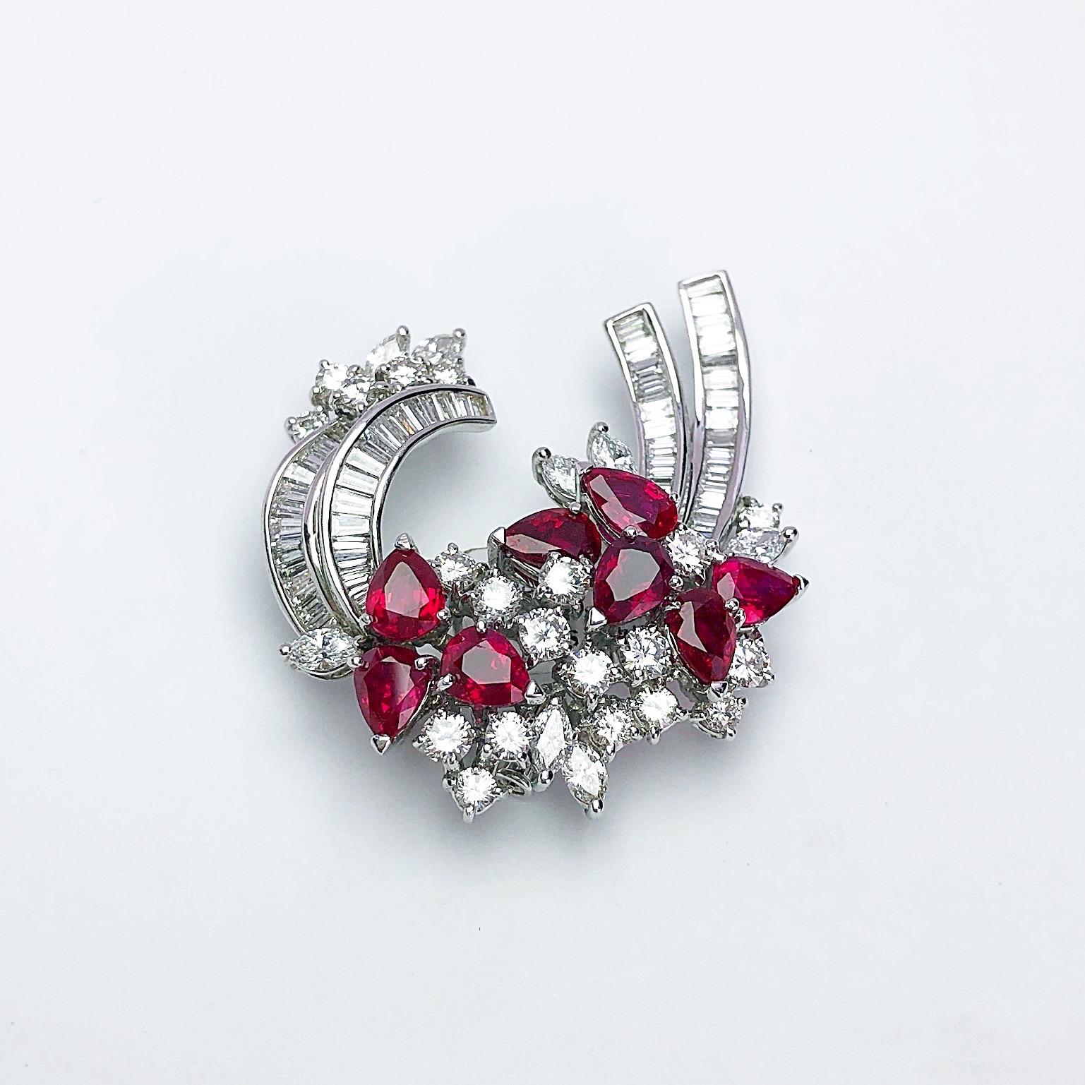 Pear Cut Estate Platinum 8.74 Carat Ruby and Diamond Brooch For Sale