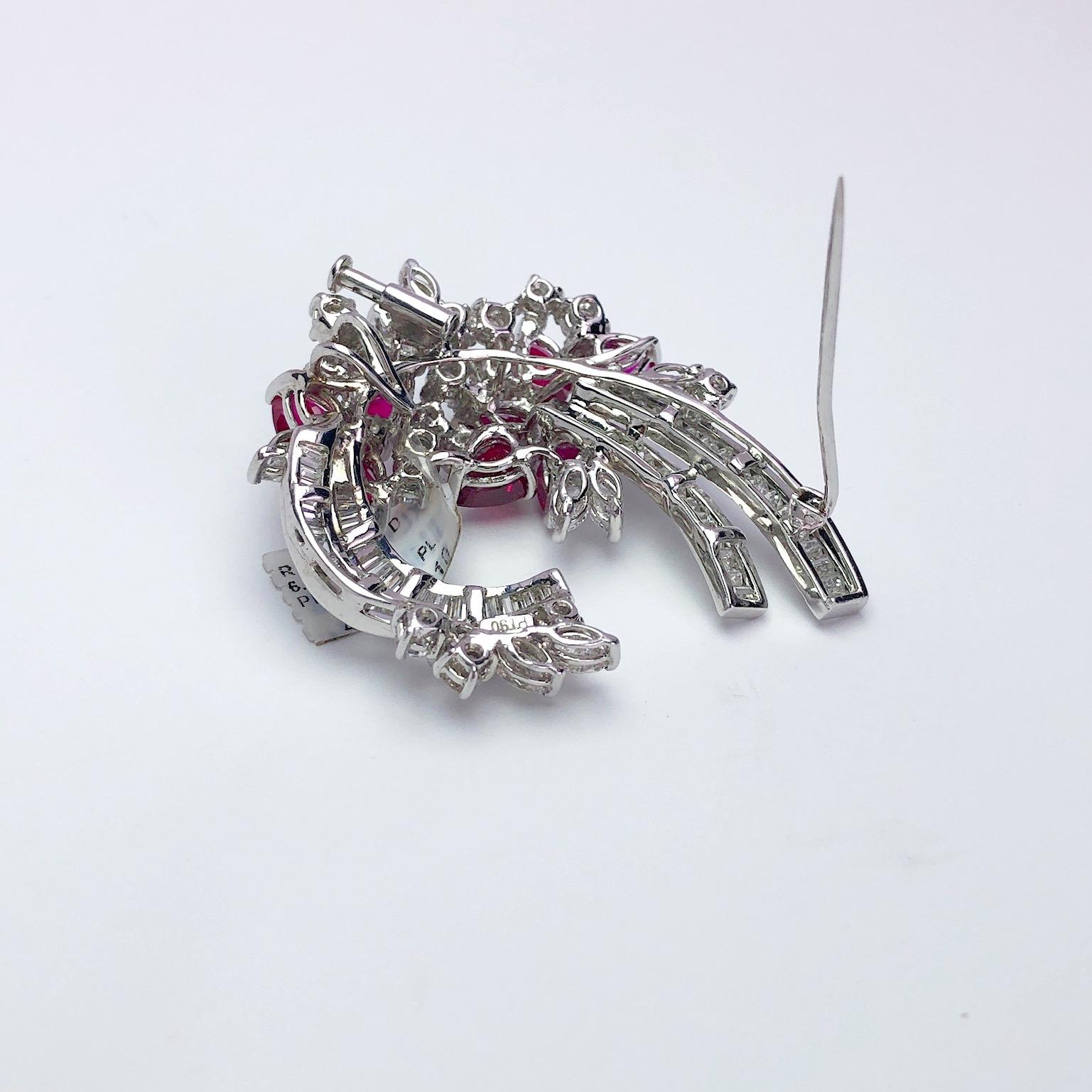 Estate Platinum 8.74 Carat Ruby and Diamond Brooch For Sale 2