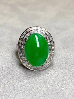 Estate Platinum “A” Jade Cabochon Baguette Diamond Cocktail Ring 15.45ctw Sz 7