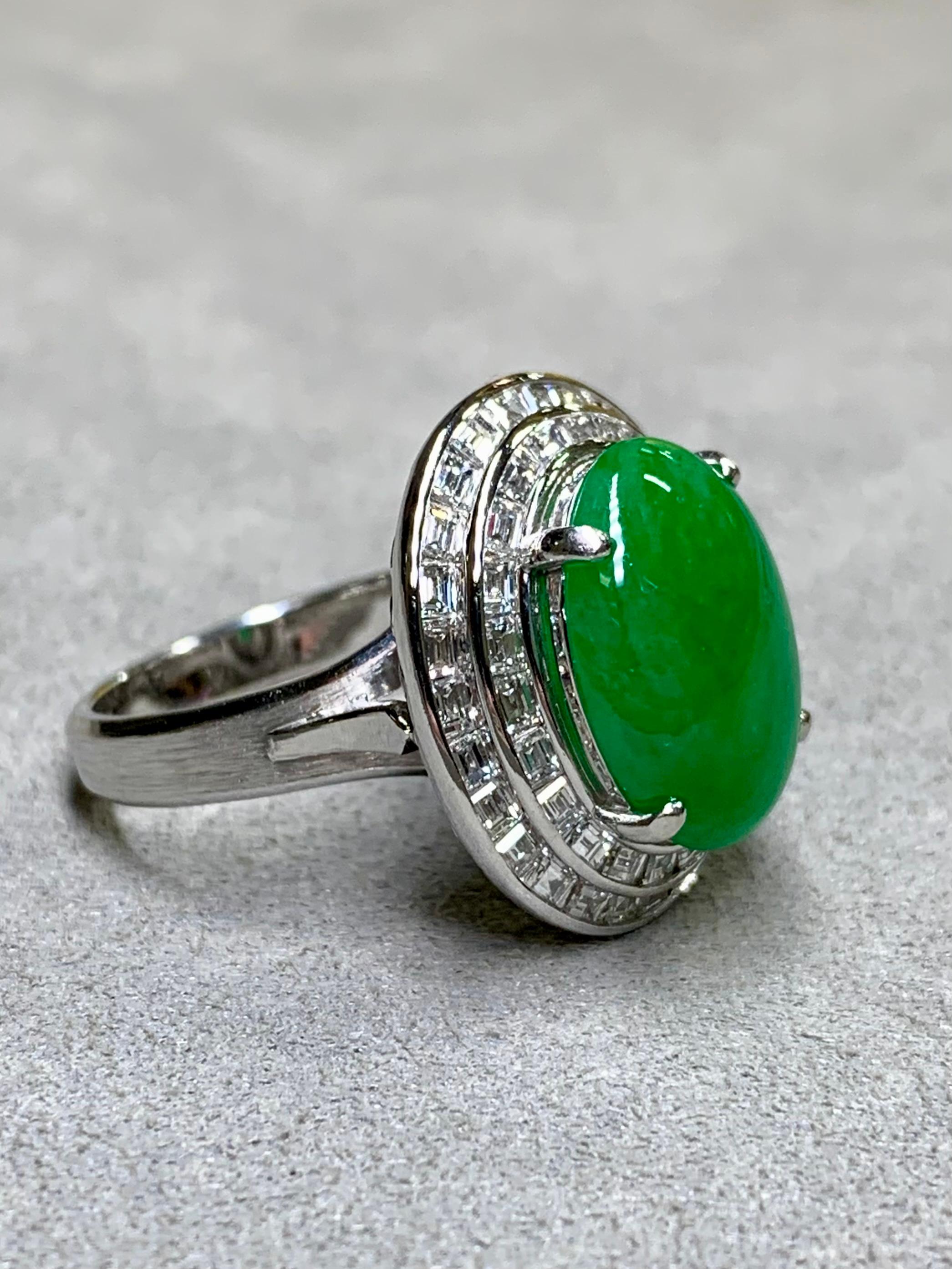 Contemporary Estate Platinum “A” Jade Cabochon Baguette Diamond Cocktail Ring 15.45ctw Sz 7 For Sale