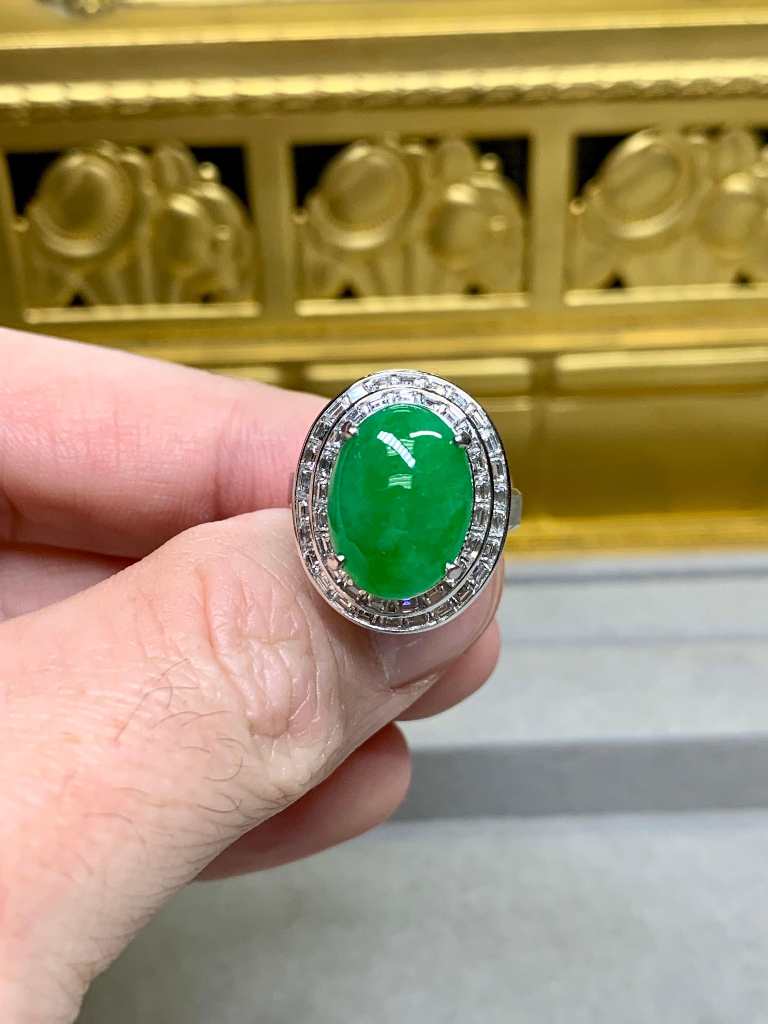 Estate Platinum “A” Jade Cabochon Baguette Diamond Cocktail Ring 15.45ctw Sz 7 For Sale 2