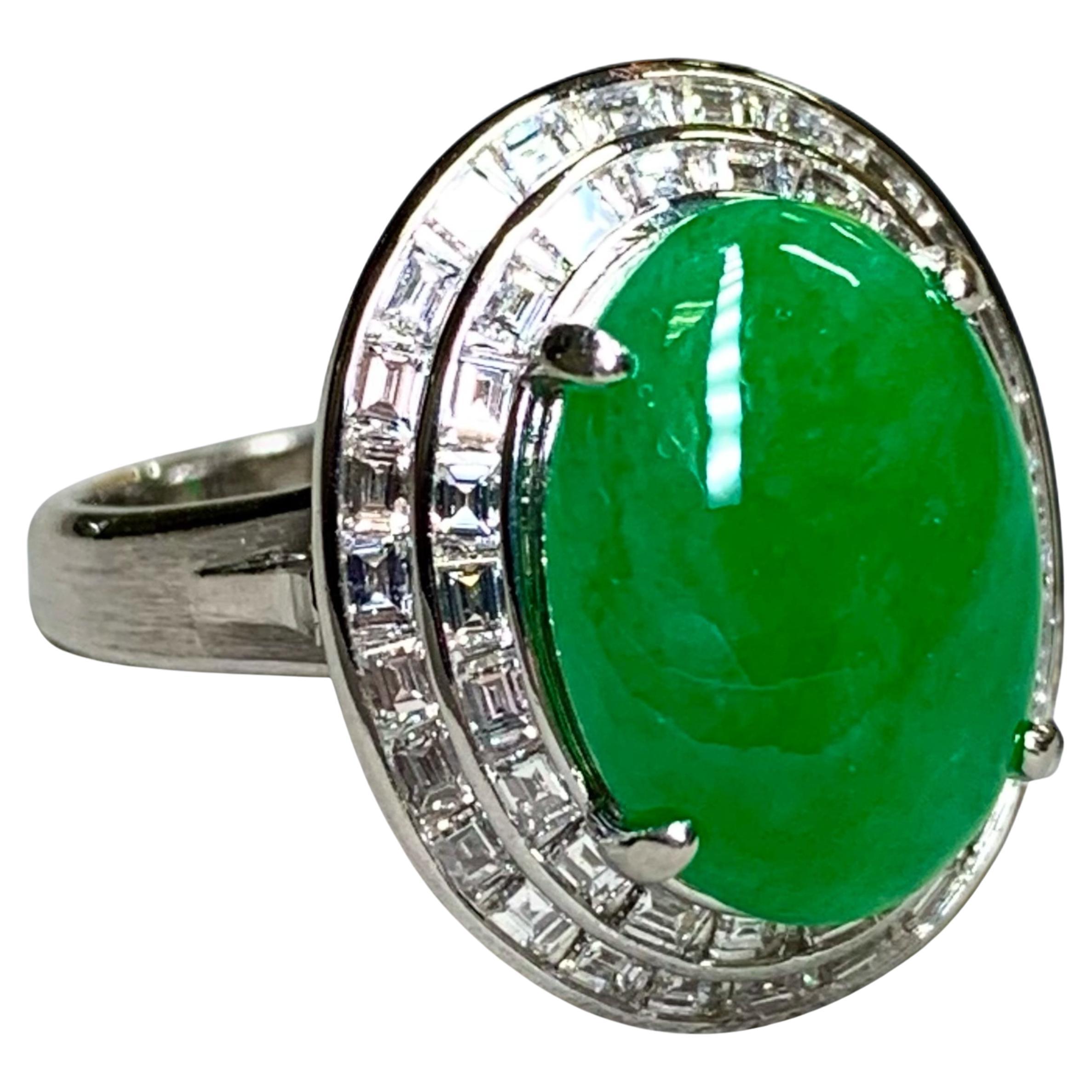 Estate Platinum “A” Jade Cabochon Baguette Diamond Cocktail Ring 15.45ctw Sz 7