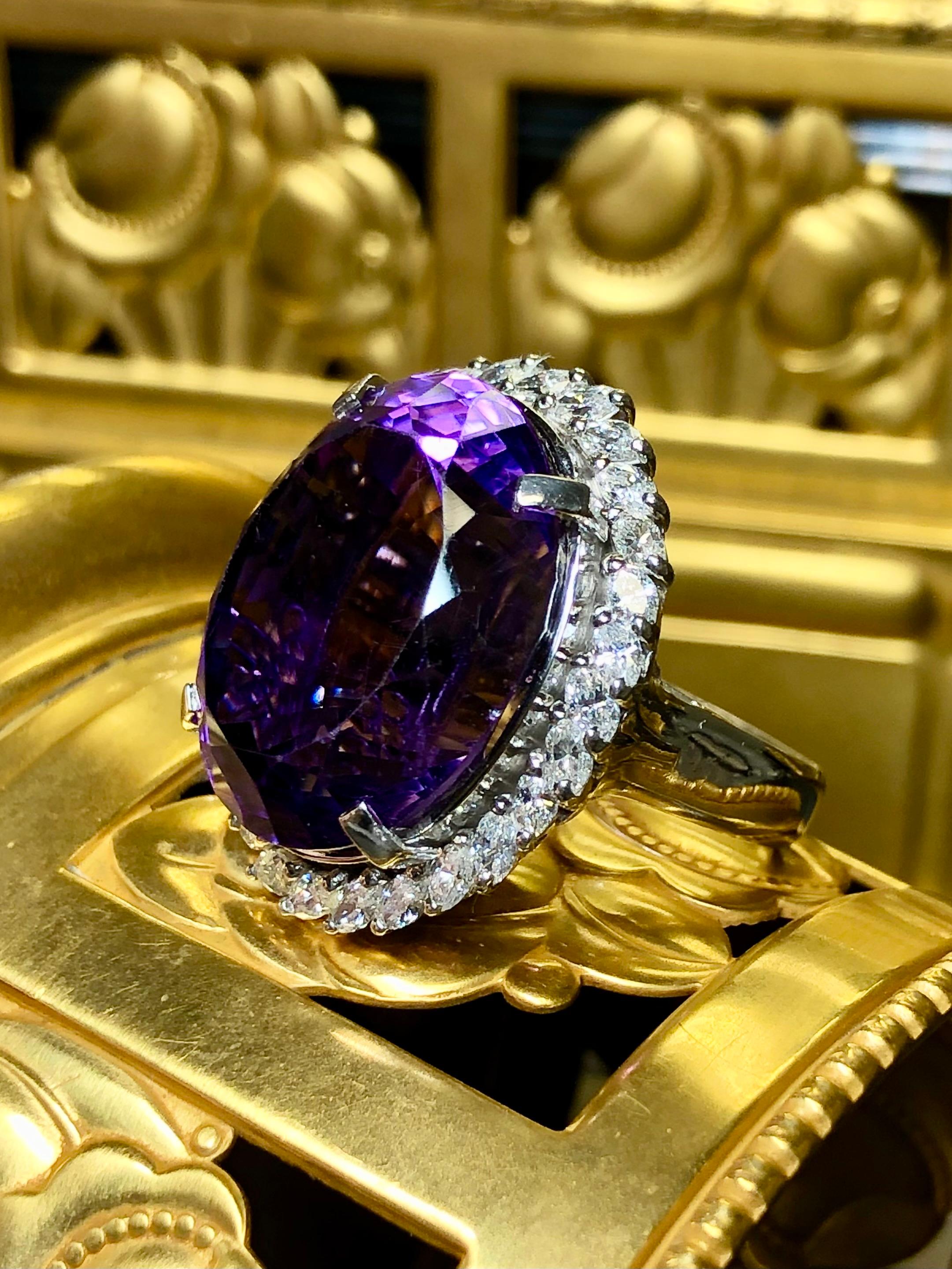 Contemporary Estate Platinum Amethyst Marquise Diamond Large Oval Cocktail Ring 36cttw Sz 8.5 For Sale