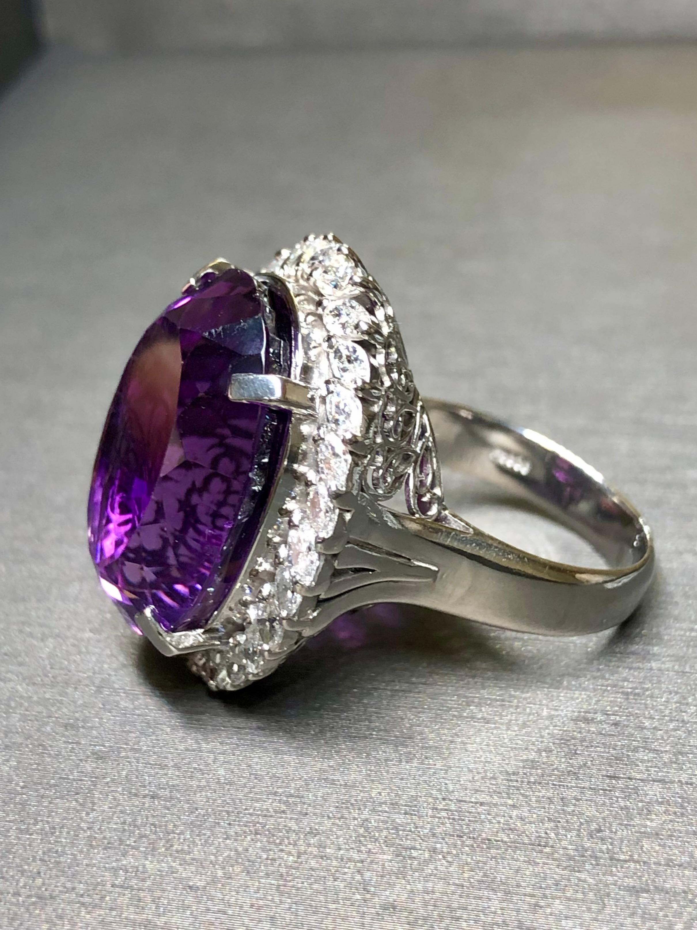 Marquise Cut Estate Platinum Amethyst Marquise Diamond Large Oval Cocktail Ring 36cttw Sz 8.5 For Sale
