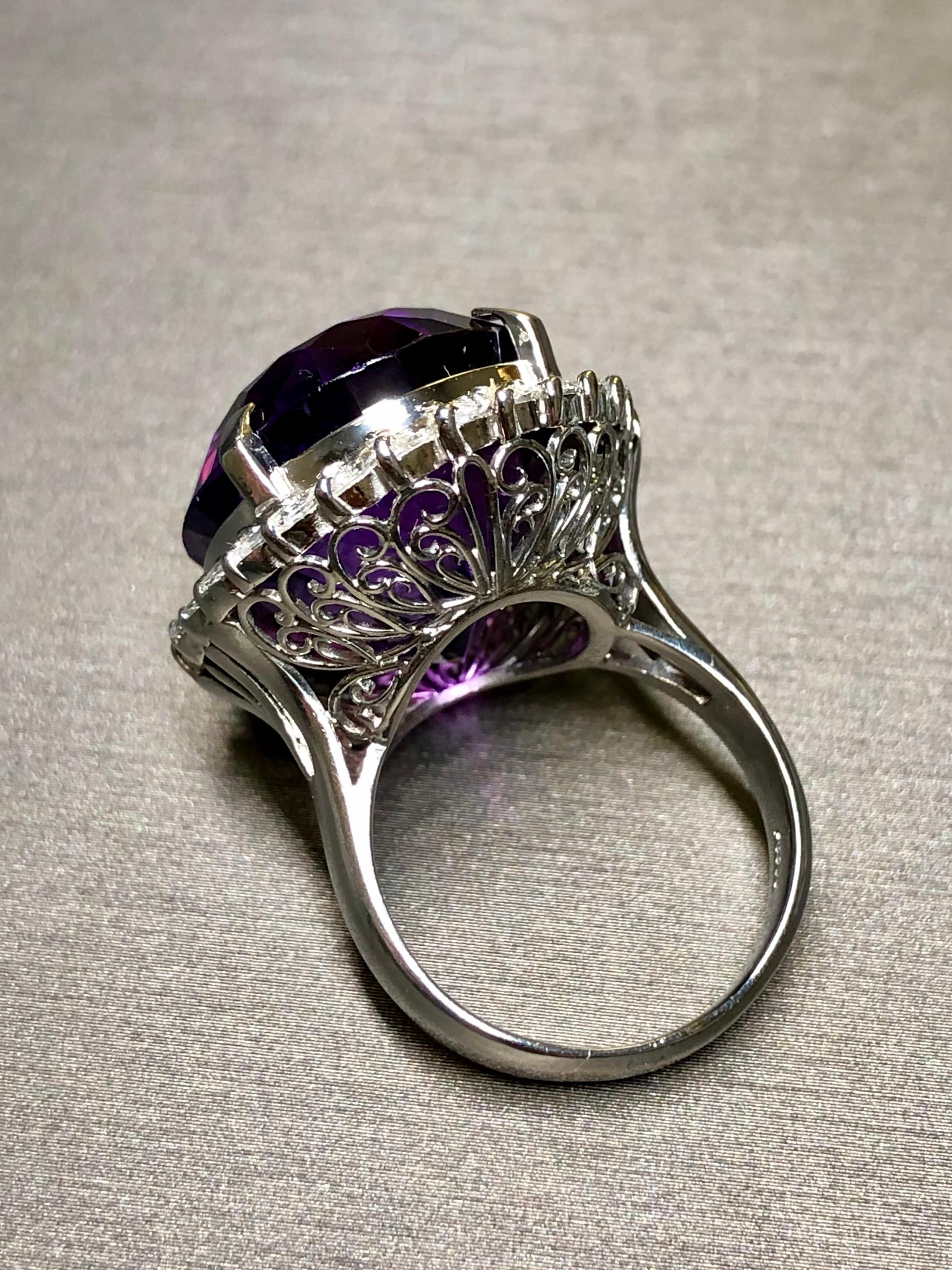 Estate Platinum Amethyst Marquise Diamond Large Oval Cocktail Ring 36cttw Sz 8.5 In Good Condition For Sale In Winter Springs, FL