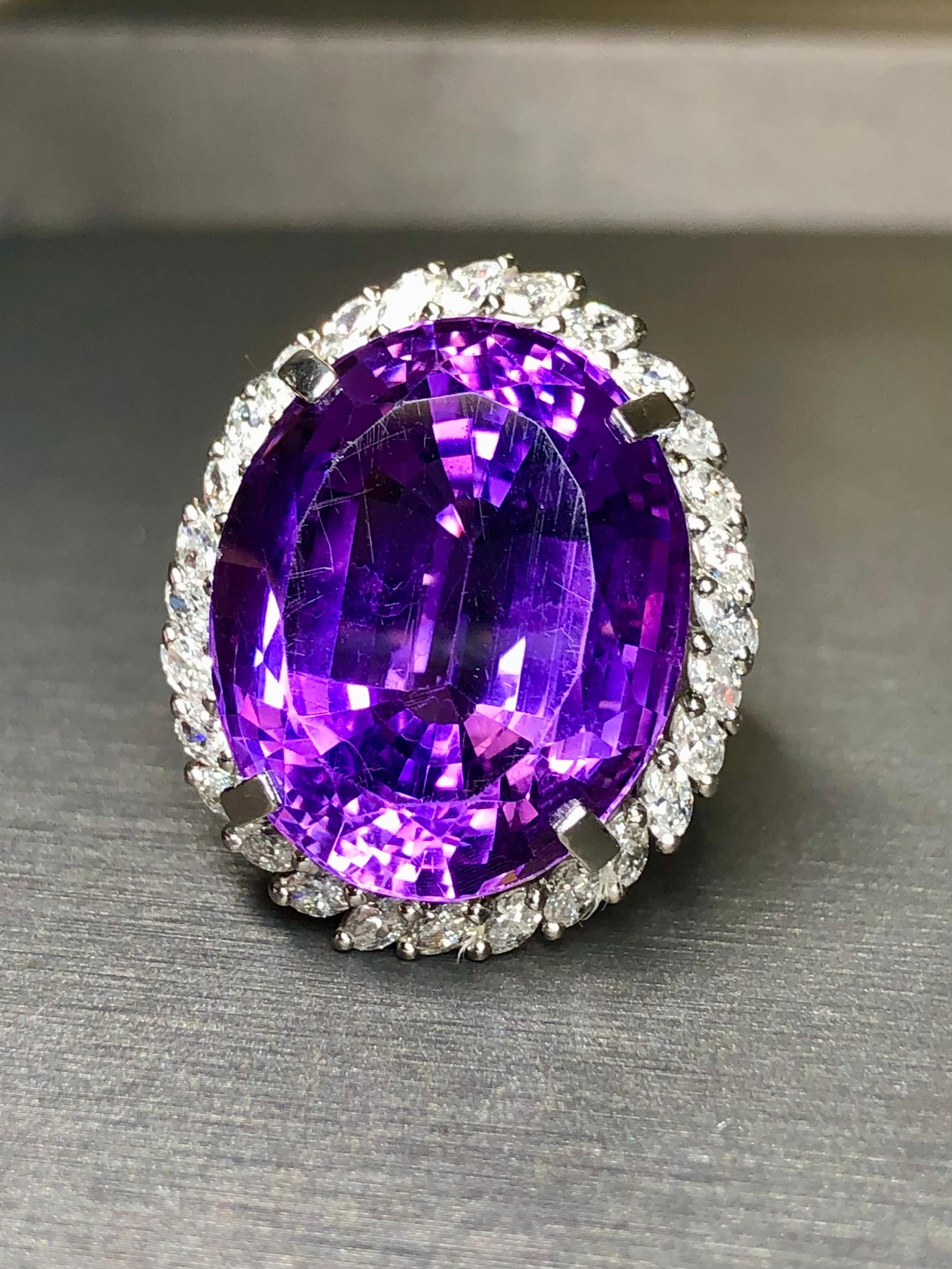 Estate Platinum Amethyst Marquise Diamond Large Oval Cocktail Ring 36cttw Sz 8.5 For Sale 1