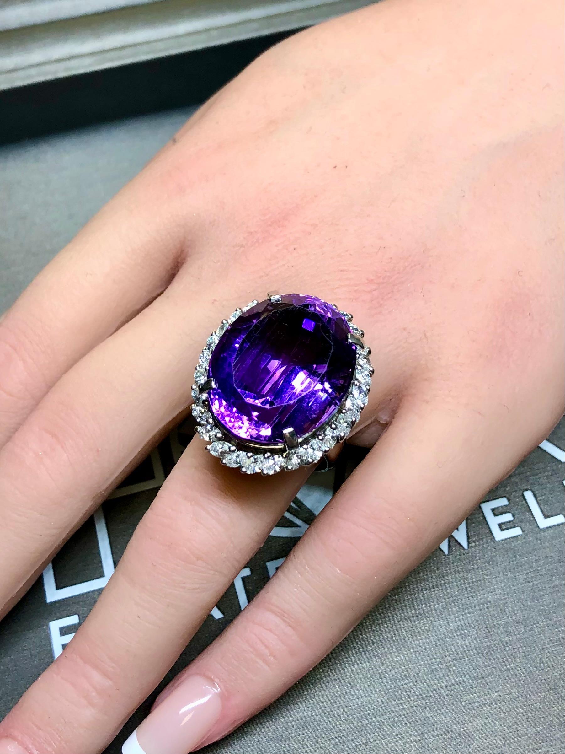 Estate Platinum Amethyst Marquise Diamond Large Oval Cocktail Ring 36cttw Sz 8.5 For Sale 2