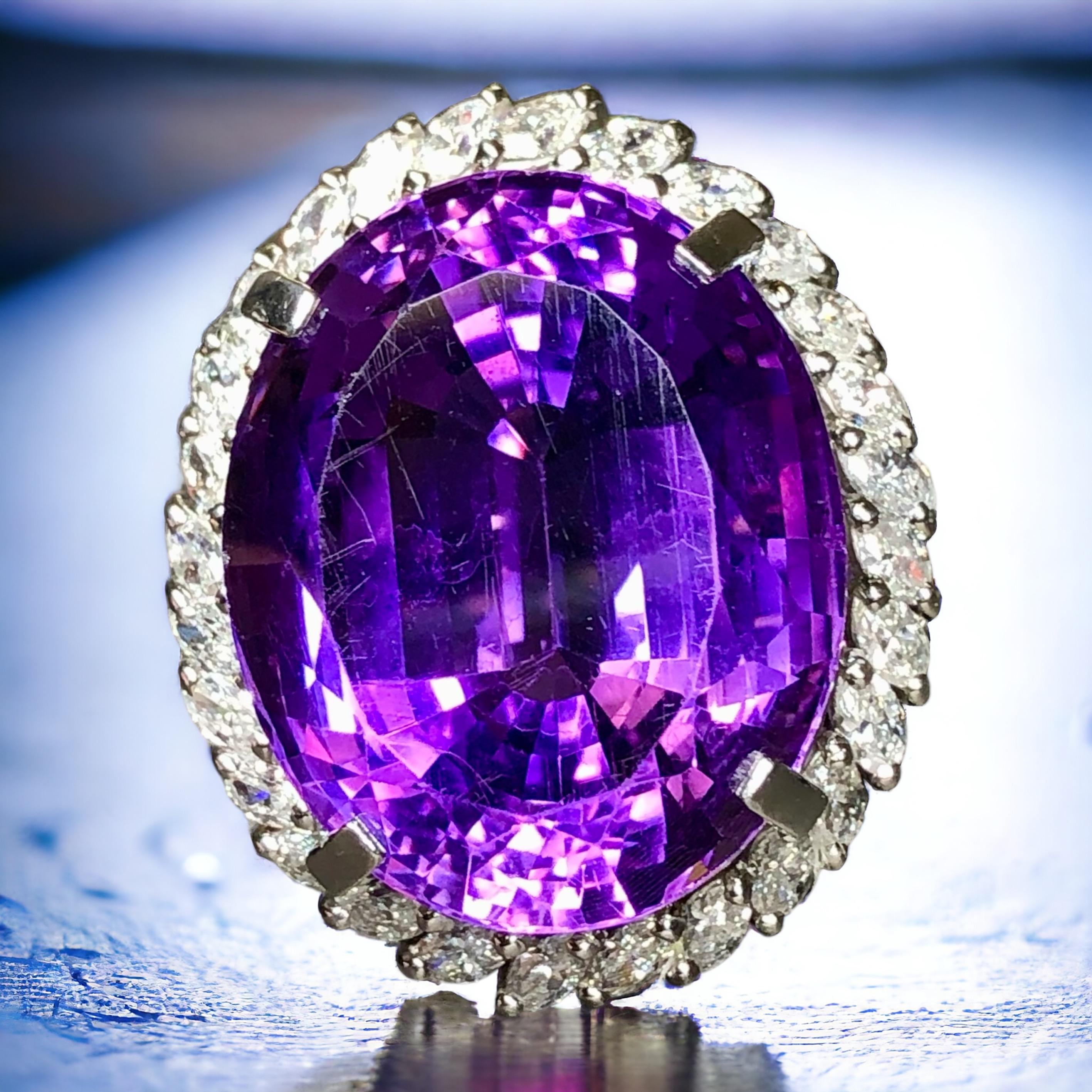 Estate Platinum Amethyst Marquise Diamond Large Oval Cocktail Ring 36cttw Sz 8.5 For Sale 3