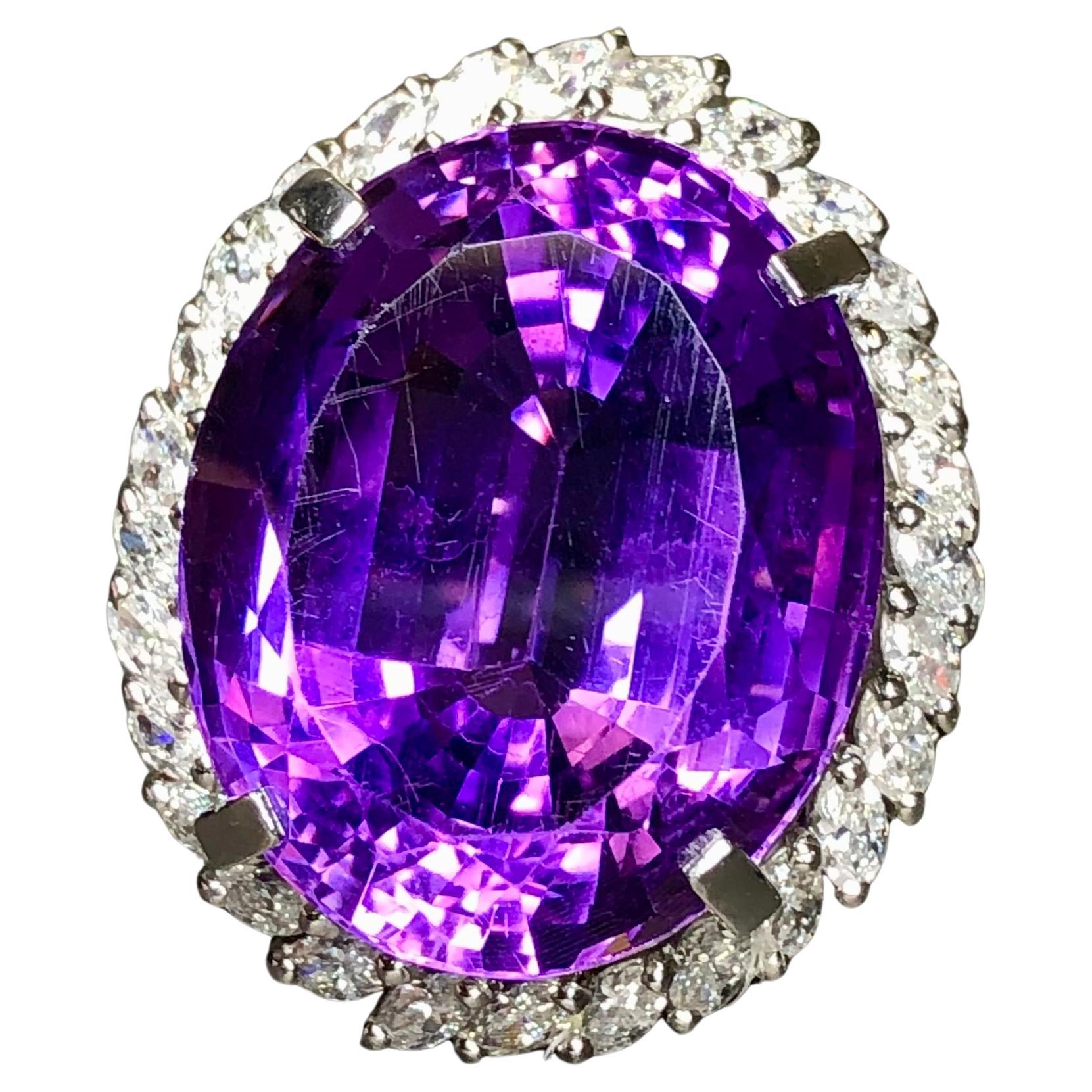 Estate Platinum Amethyst Marquise Diamond Large Oval Cocktail Ring 36cttw Sz 8.5