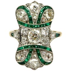 Estate Platinum and 14K Art Deco Style Diamond and Emerald Shield Style Ring