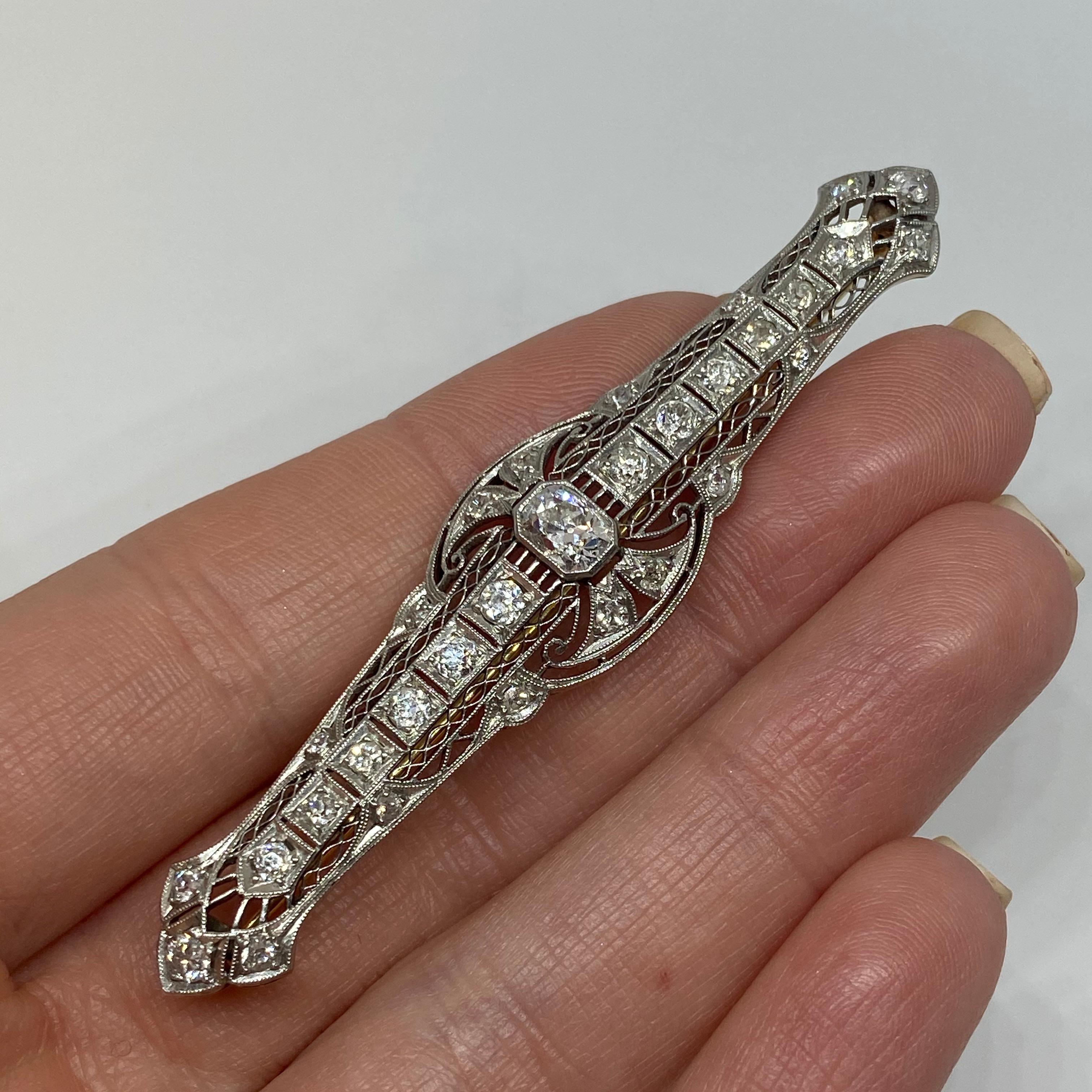 Estate Platinum and 14 Karat Yellow Gold Diamond Brooch 2.57 Carat In Excellent Condition For Sale In Carmel-by-the-Sea, CA