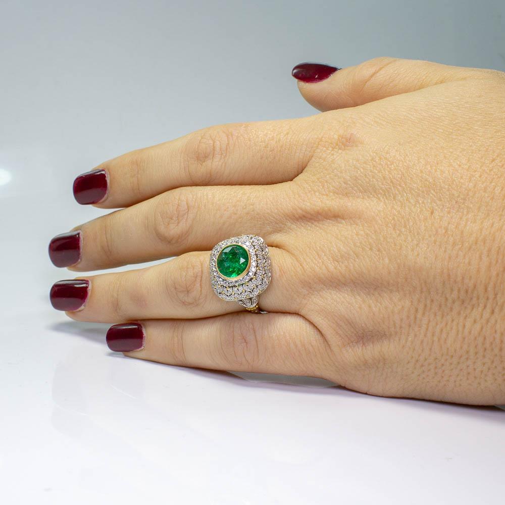 Estate Platinum and 18K Yellow Gold Victorian Diamond & Emerald Flower Ring For Sale 5