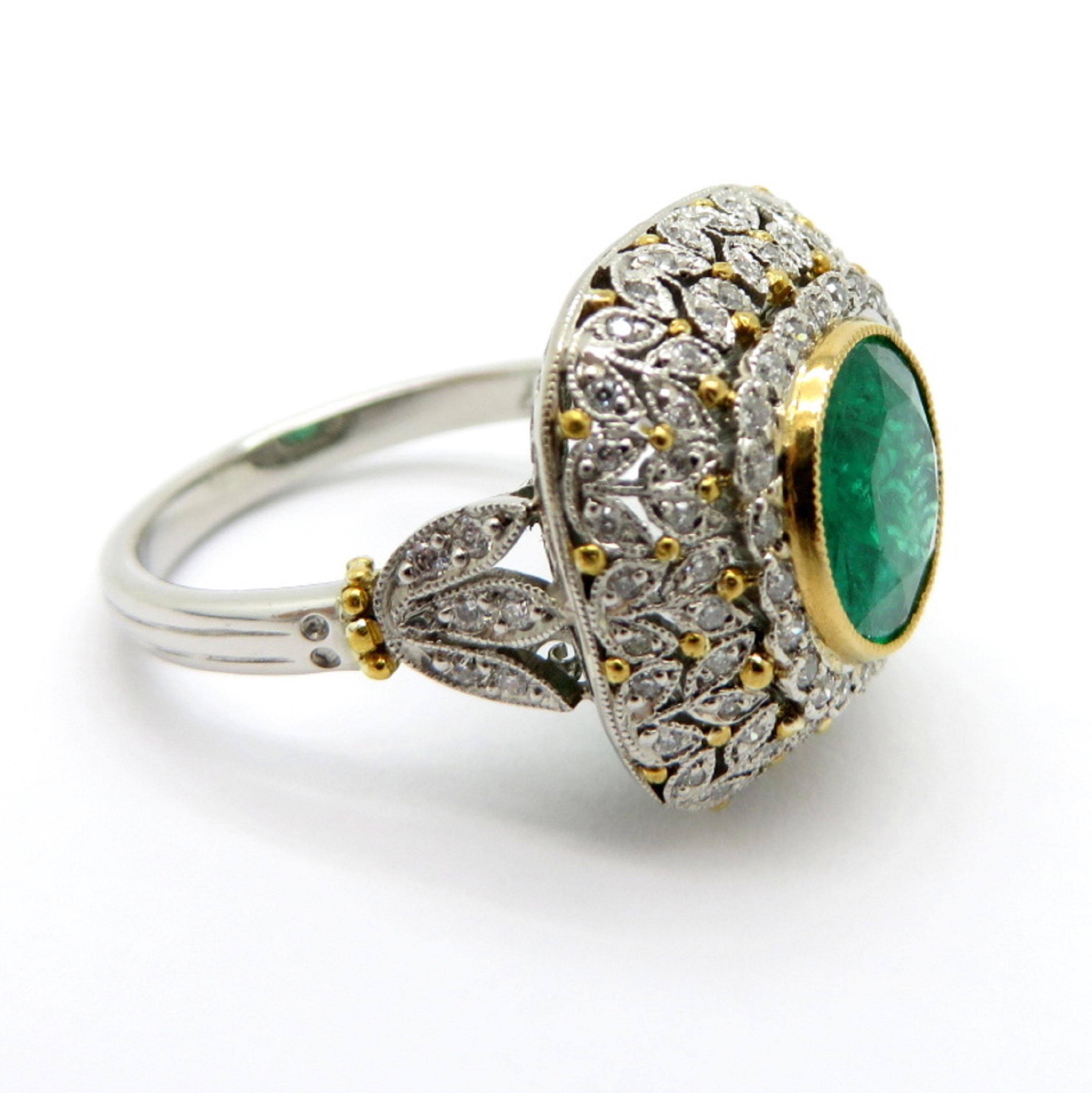 Art Deco Estate Platinum and 18K Yellow Gold Victorian Diamond & Emerald Flower Ring For Sale