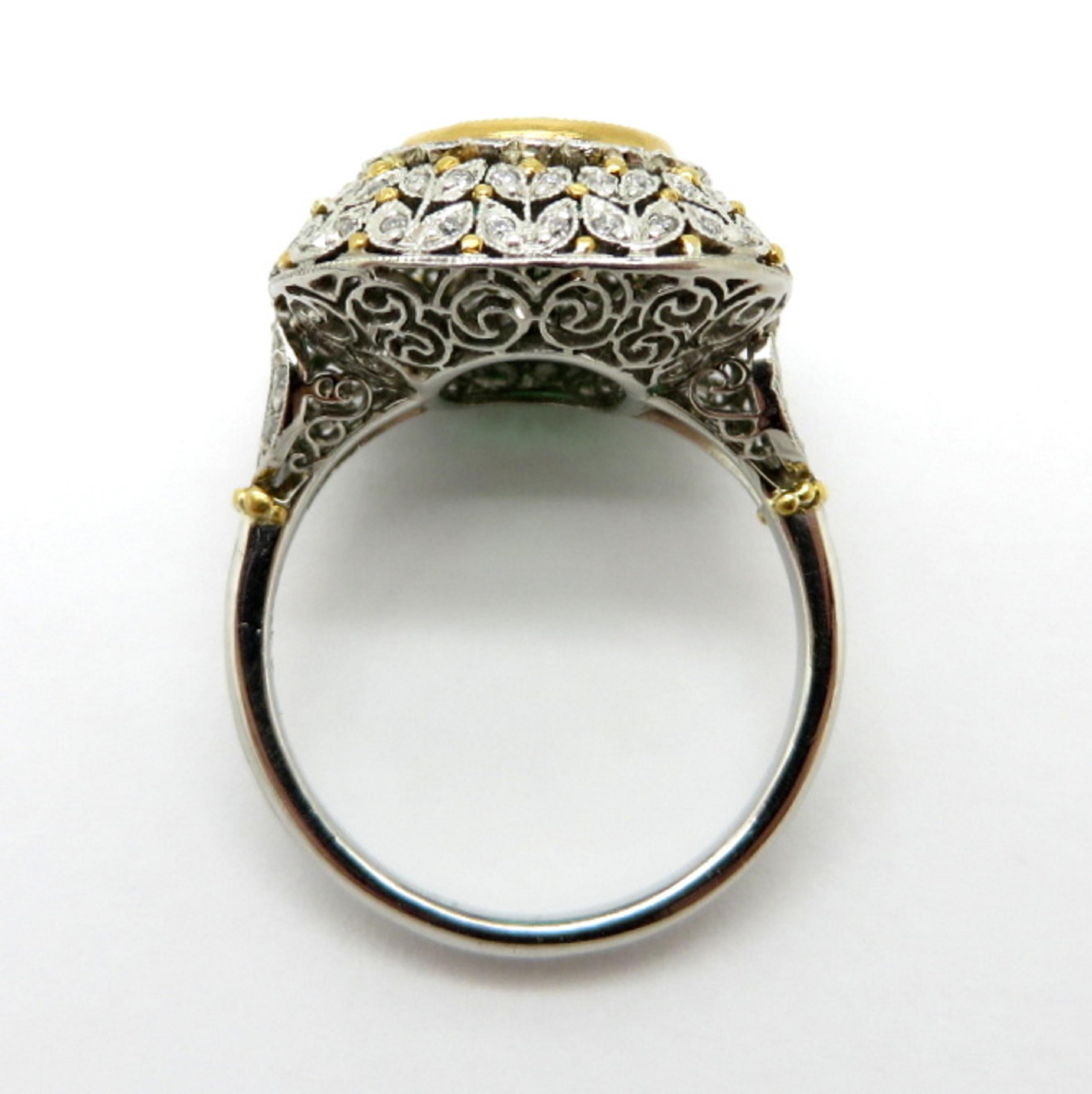 Round Cut Estate Platinum and 18K Yellow Gold Victorian Diamond & Emerald Flower Ring For Sale