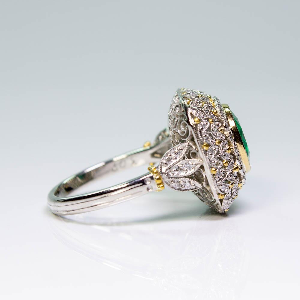 Women's Estate Platinum and 18K Yellow Gold Victorian Diamond & Emerald Flower Ring For Sale