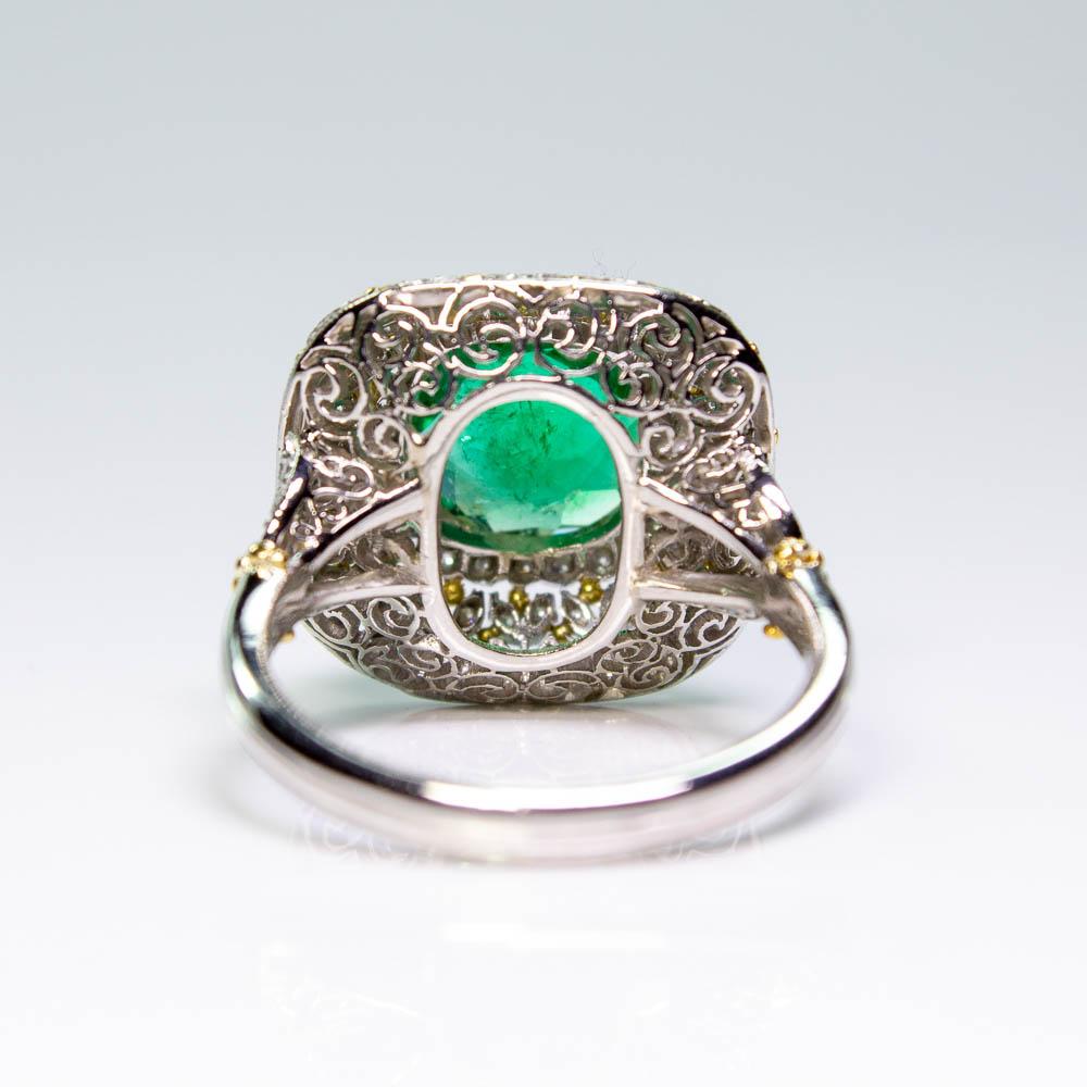 Estate Platinum and 18K Yellow Gold Victorian Diamond & Emerald Flower Ring For Sale 1