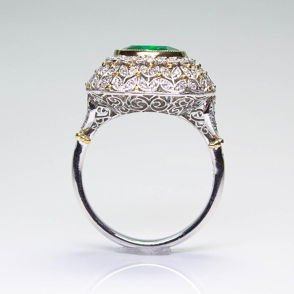 Estate Platinum and 18K Yellow Gold Victorian Diamond & Emerald Flower Ring For Sale 3