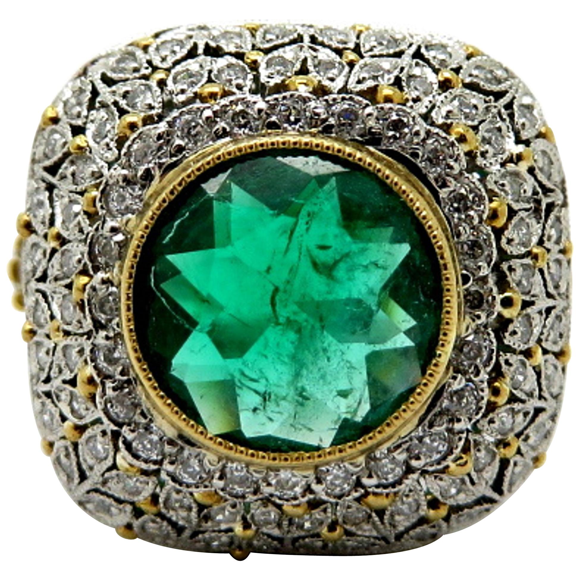 Estate Platinum and 18K Yellow Gold Victorian Diamond & Emerald Flower Ring For Sale