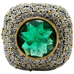 Vintage Estate Platinum and 18K Yellow Gold Victorian Diamond & Emerald Flower Ring