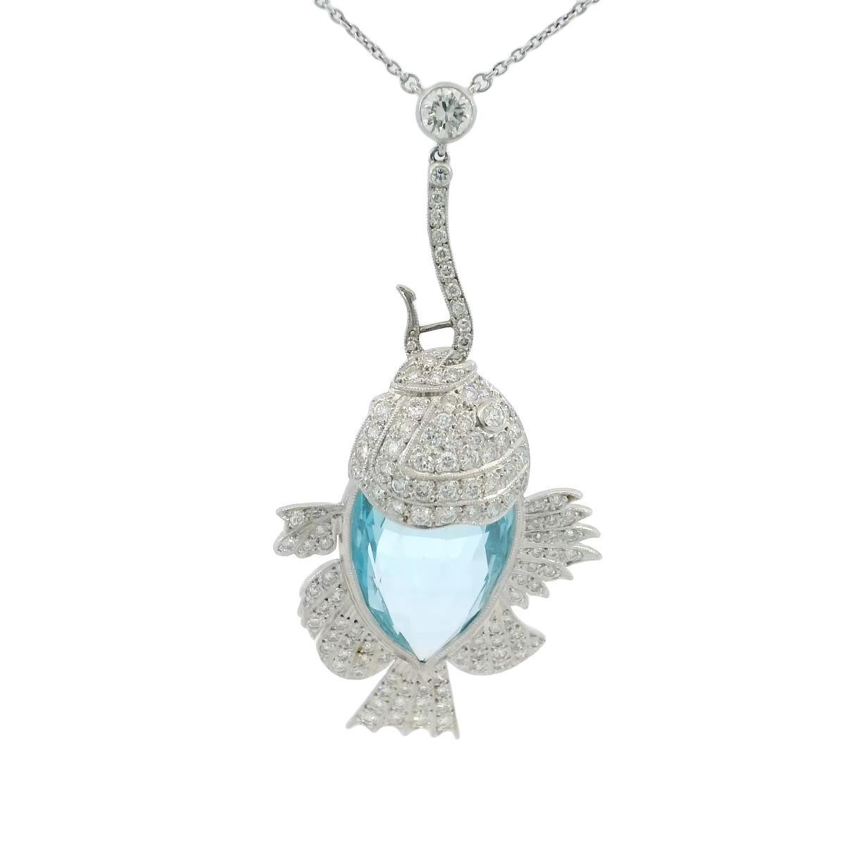 Estate Aquamarine Diamond Fish on a Hook Platinum Pendant Necklace ~18.1ctw For Sale 4
