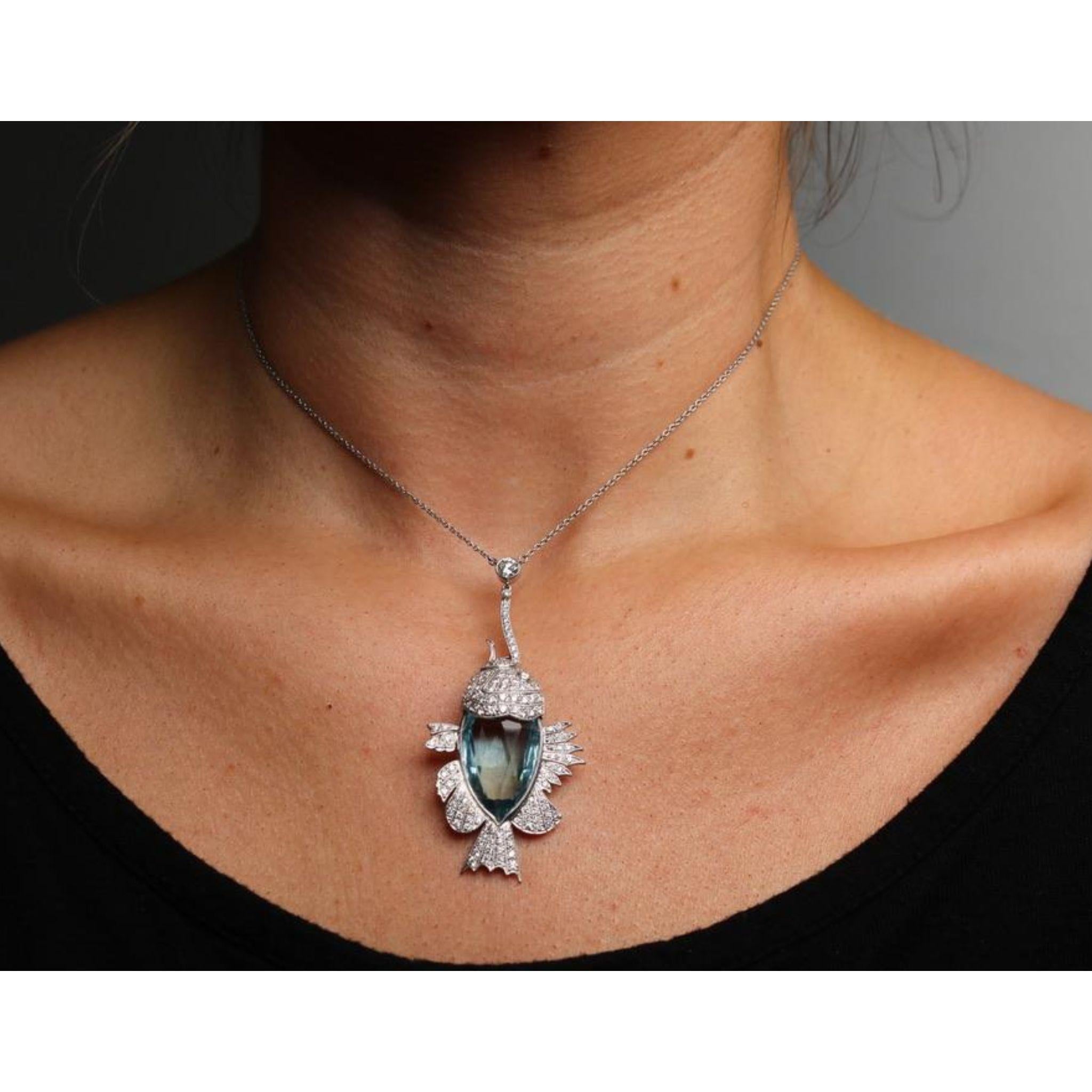 Modern Estate Aquamarine Diamond Fish on a Hook Platinum Pendant Necklace ~18.1ctw For Sale