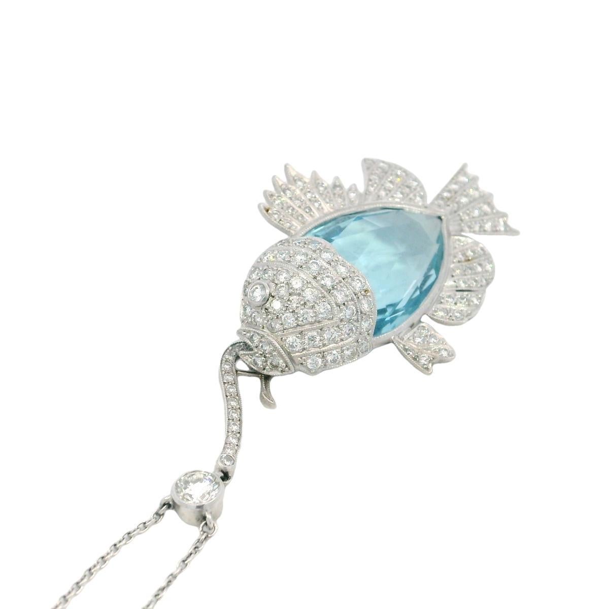 Pear Cut Estate Aquamarine Diamond Fish on a Hook Platinum Pendant Necklace ~18.1ctw For Sale