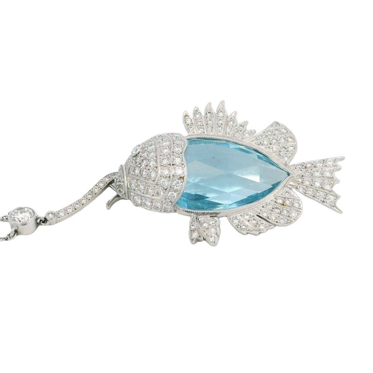 Estate Aquamarine Diamond Fish on a Hook Platinum Pendant Necklace ~18.1ctw In Excellent Condition For Sale In Fairfield, CT