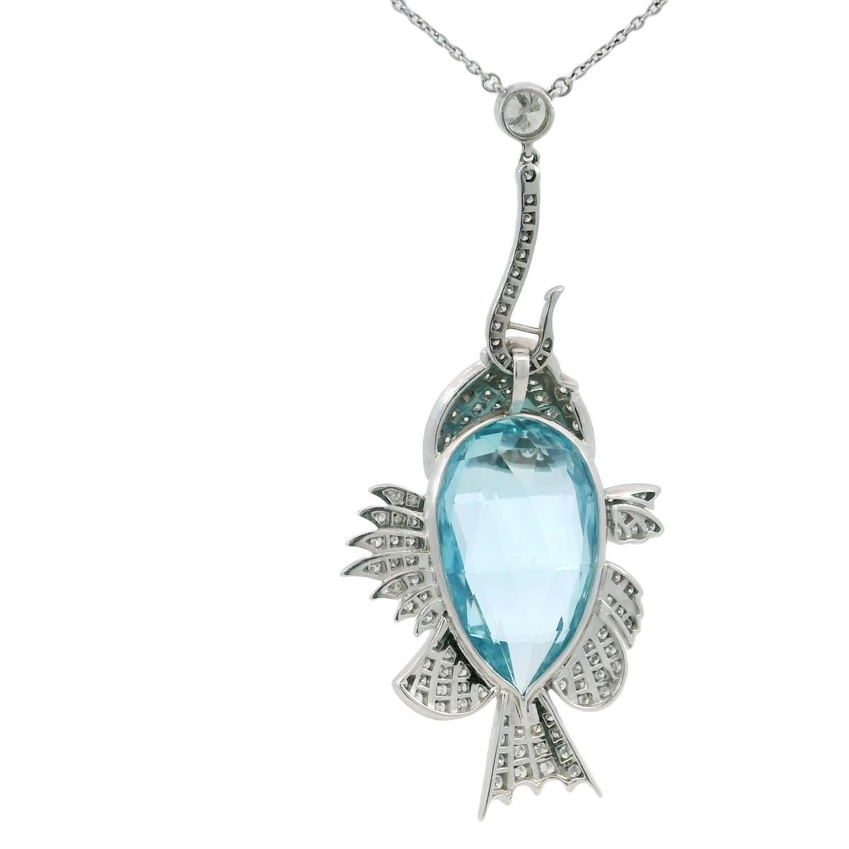 Women's Estate Aquamarine Diamond Fish on a Hook Platinum Pendant Necklace ~18.1ctw For Sale