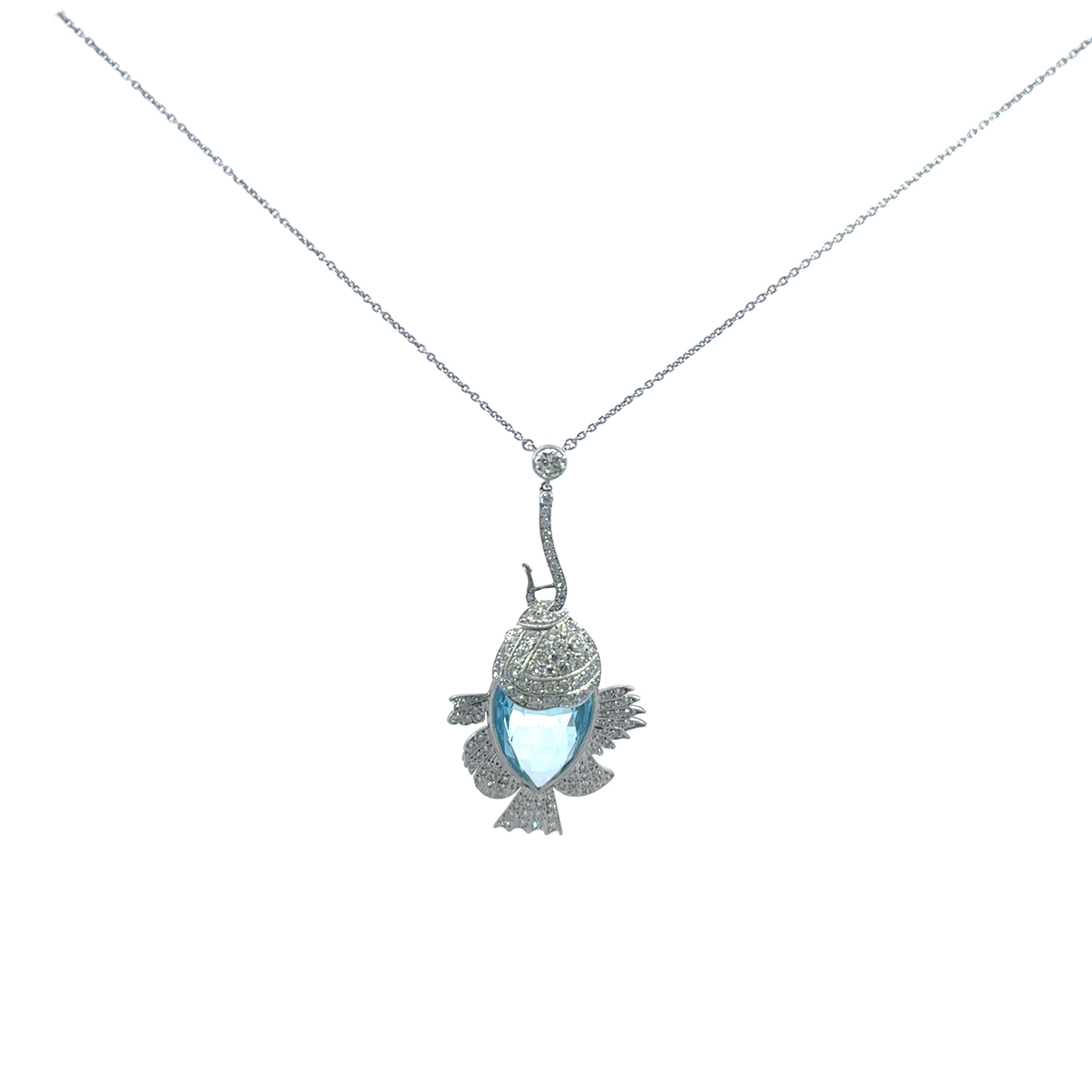 Estate Aquamarine Diamond Fish on a Hook Platinum Pendant Necklace ~18.1ctw For Sale 1