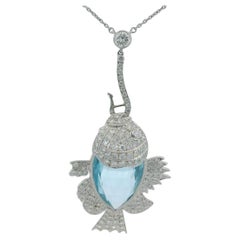 Estate Aquamarine Diamond Fish on a Hook Platinum Pendant Necklace ~18.1ctw