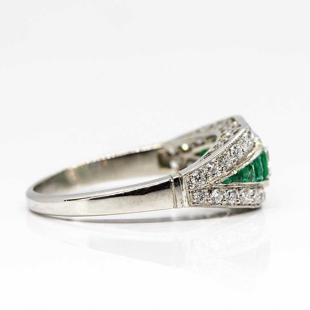Women's Estate Platinum Art Deco Old Mine Cut Diamond and Emerald Cut Ring with Emeralds