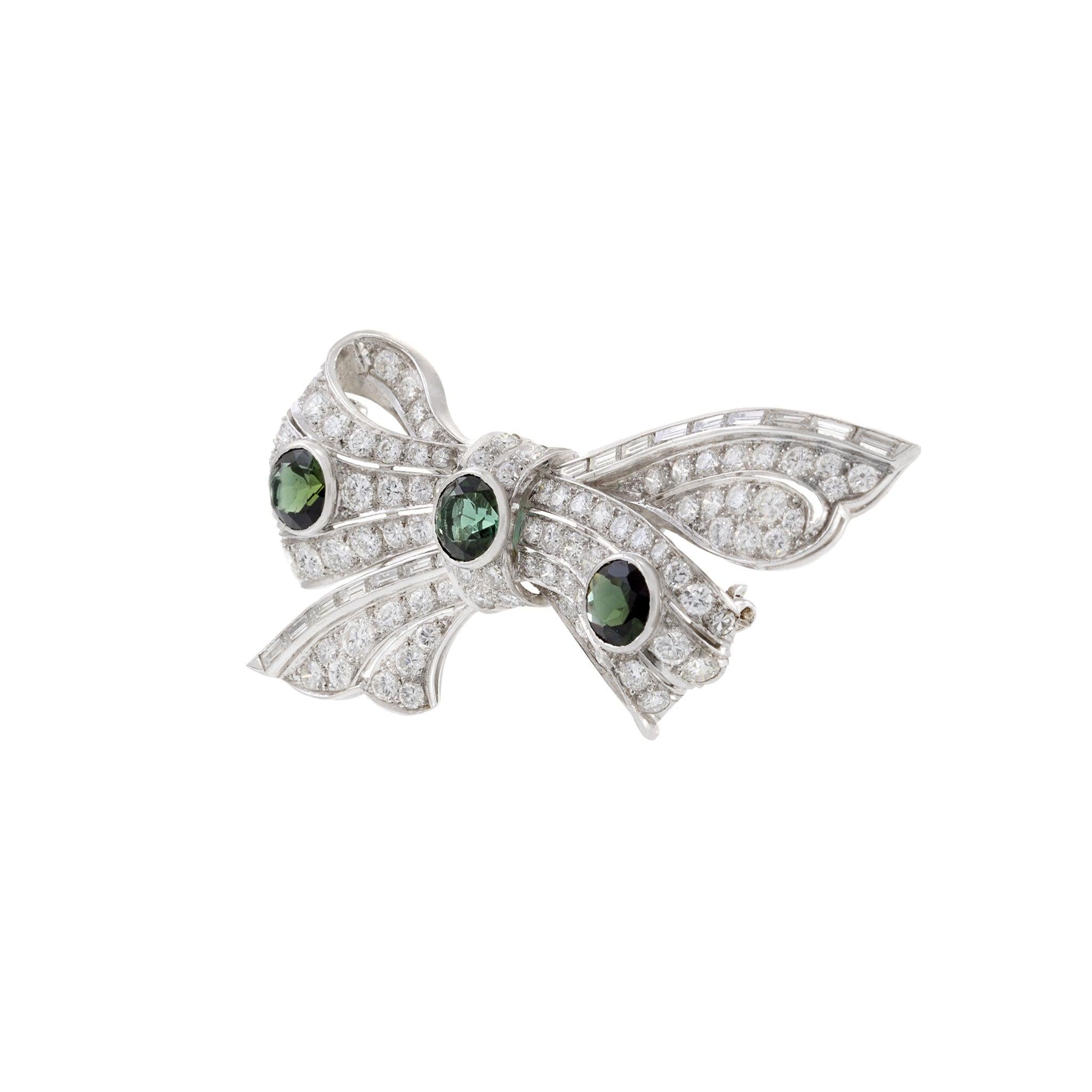 Round Cut Estate Platinum Art Deco Period Diamond and Garnet Bow Pin For Sale