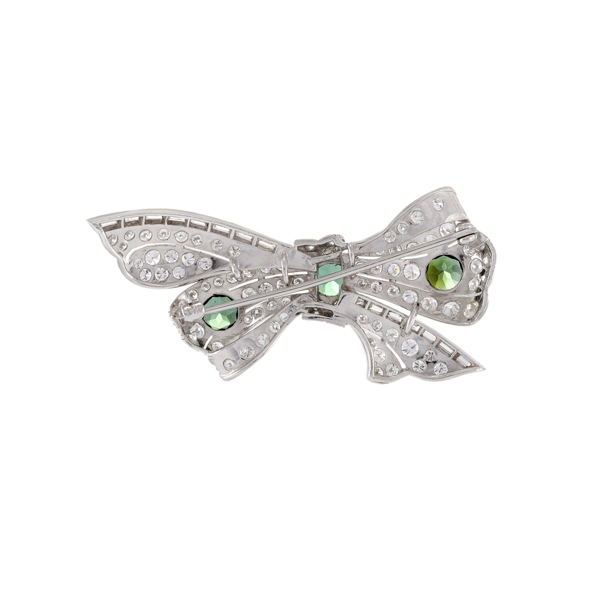 Estate Platinum Art Deco Period Diamond and Garnet Bow Pin For Sale 1
