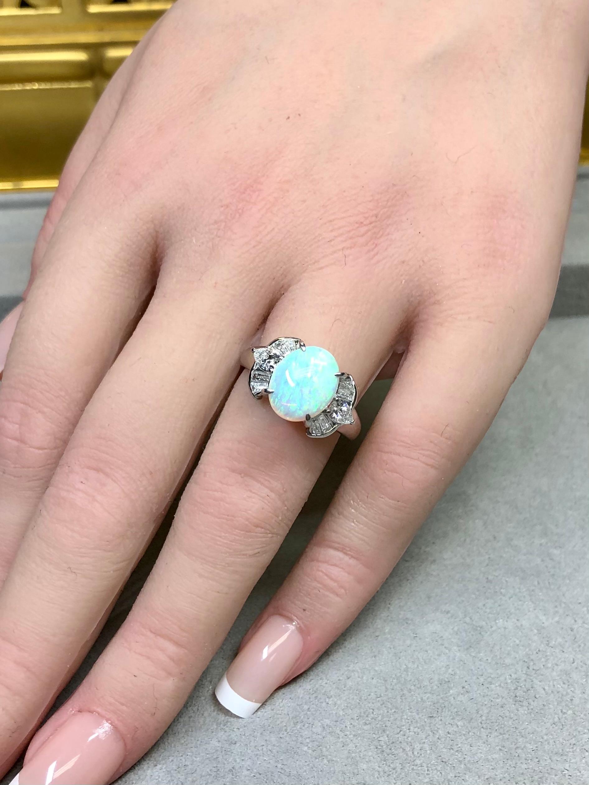 Nachlass Platin australischer Opal Marquise Baguette Diamant Cocktail-Ring Gr. 7,5 im Angebot 1