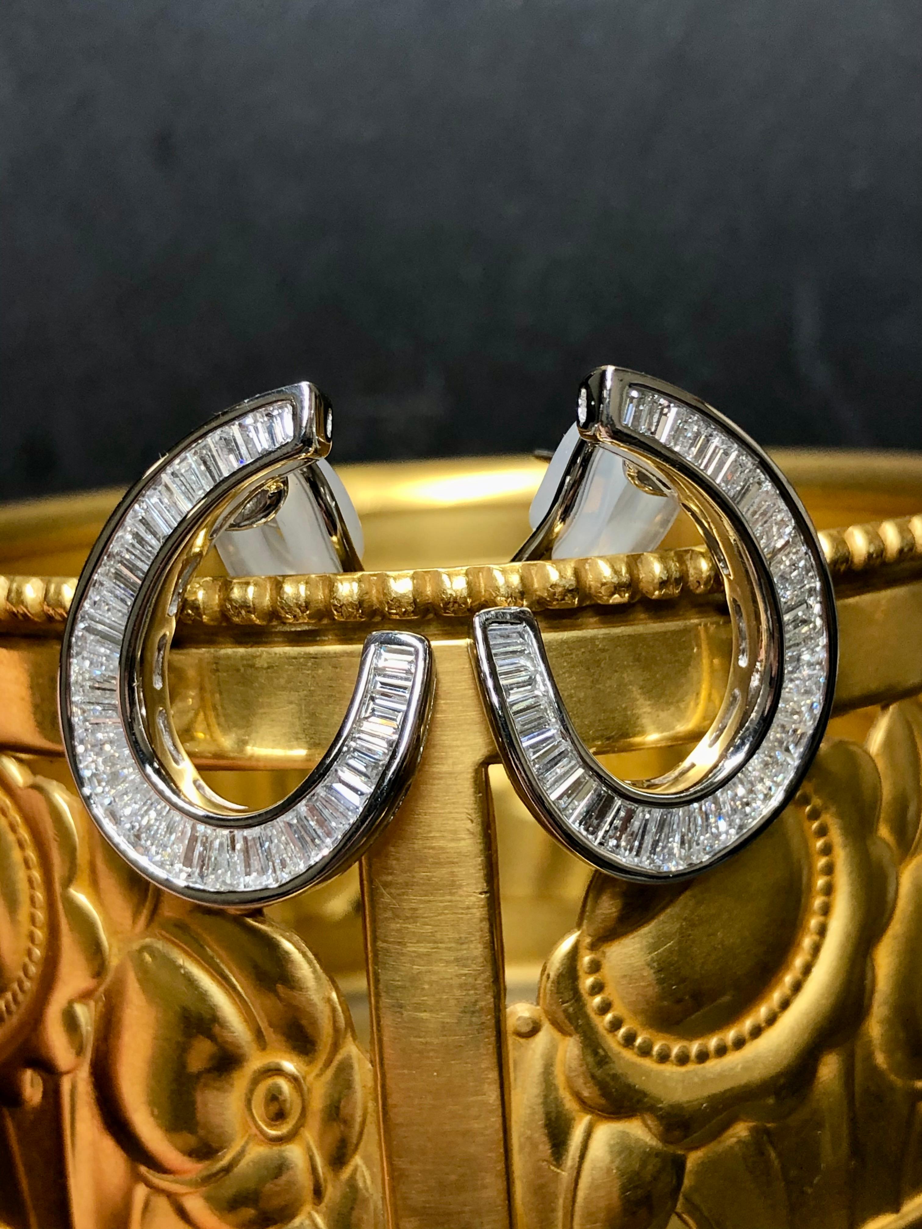 Women's or Men's Estate Platinum Baguette Diamond Climber Huggie Earrings 3.90cttw G Vs For Sale
