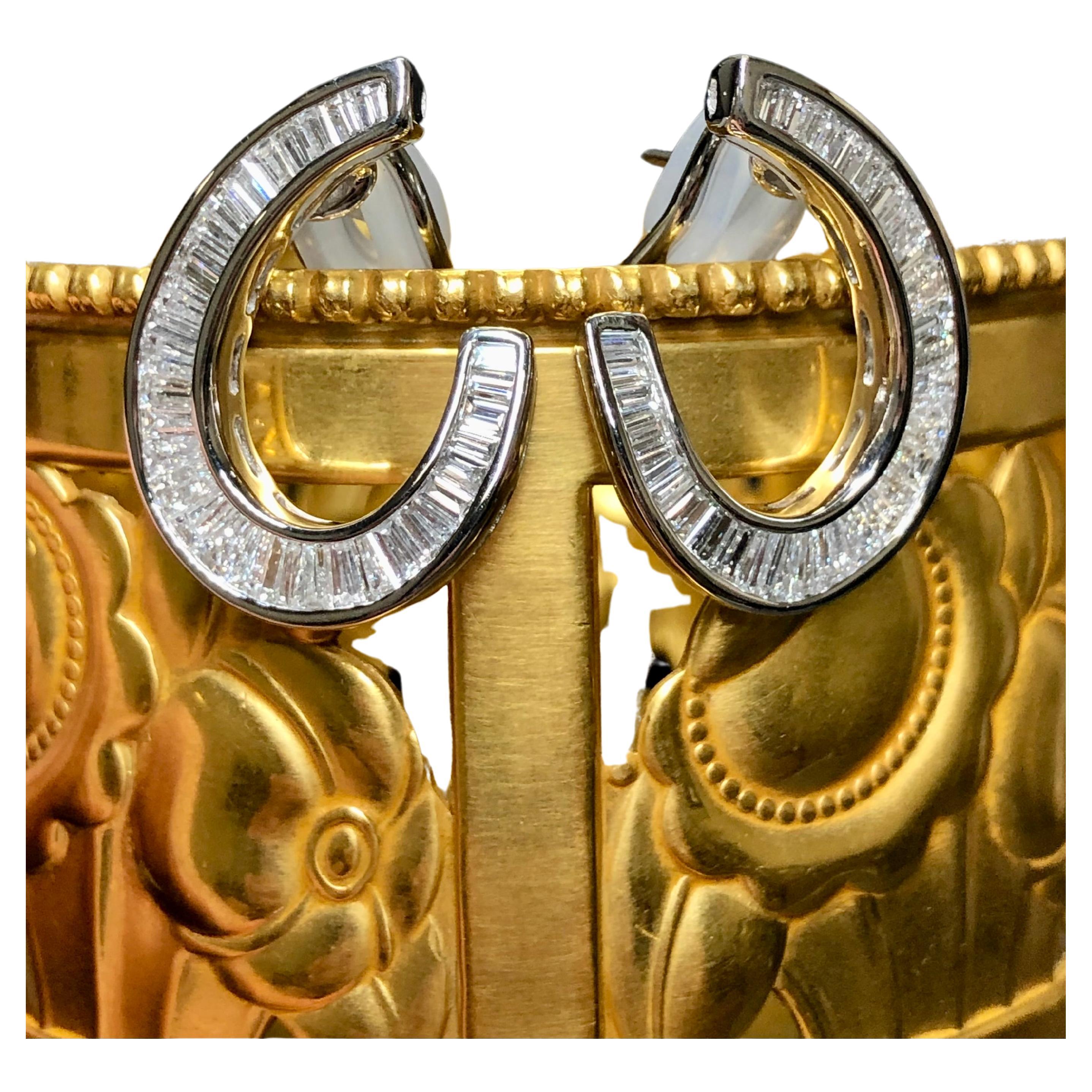 Estate Platinum Baguette Diamond Climber Huggie Earrings 3.90cttw G Vs
