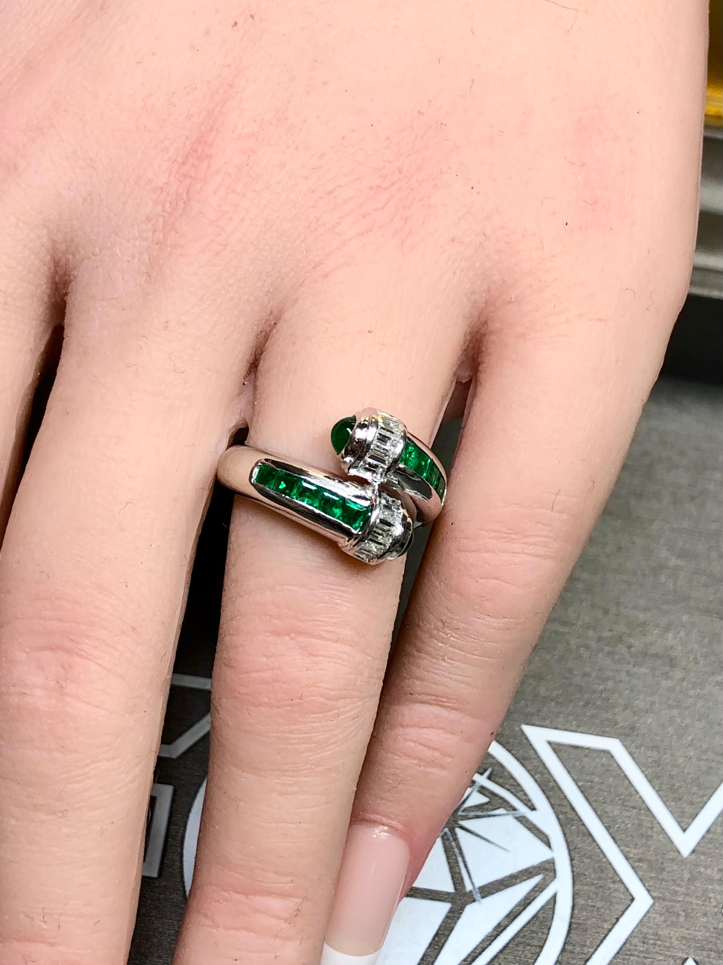Estate Platinum Baguette Diamond Emerald Cabochon Bypass Crossover Ring 3.10ctw 4