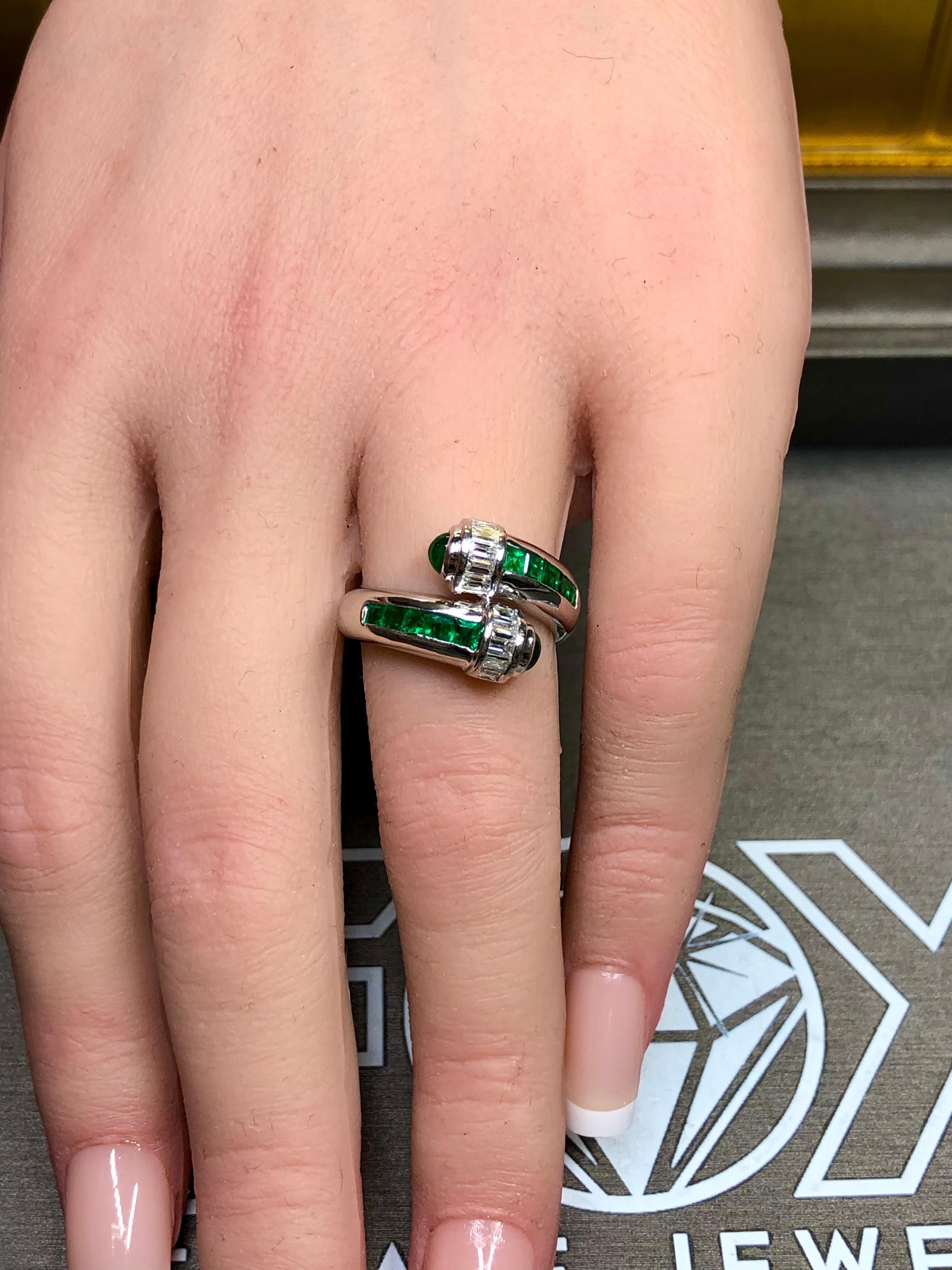 Estate Platinum Baguette Diamond Emerald Cabochon Bypass Crossover Ring 3.10ctw 5