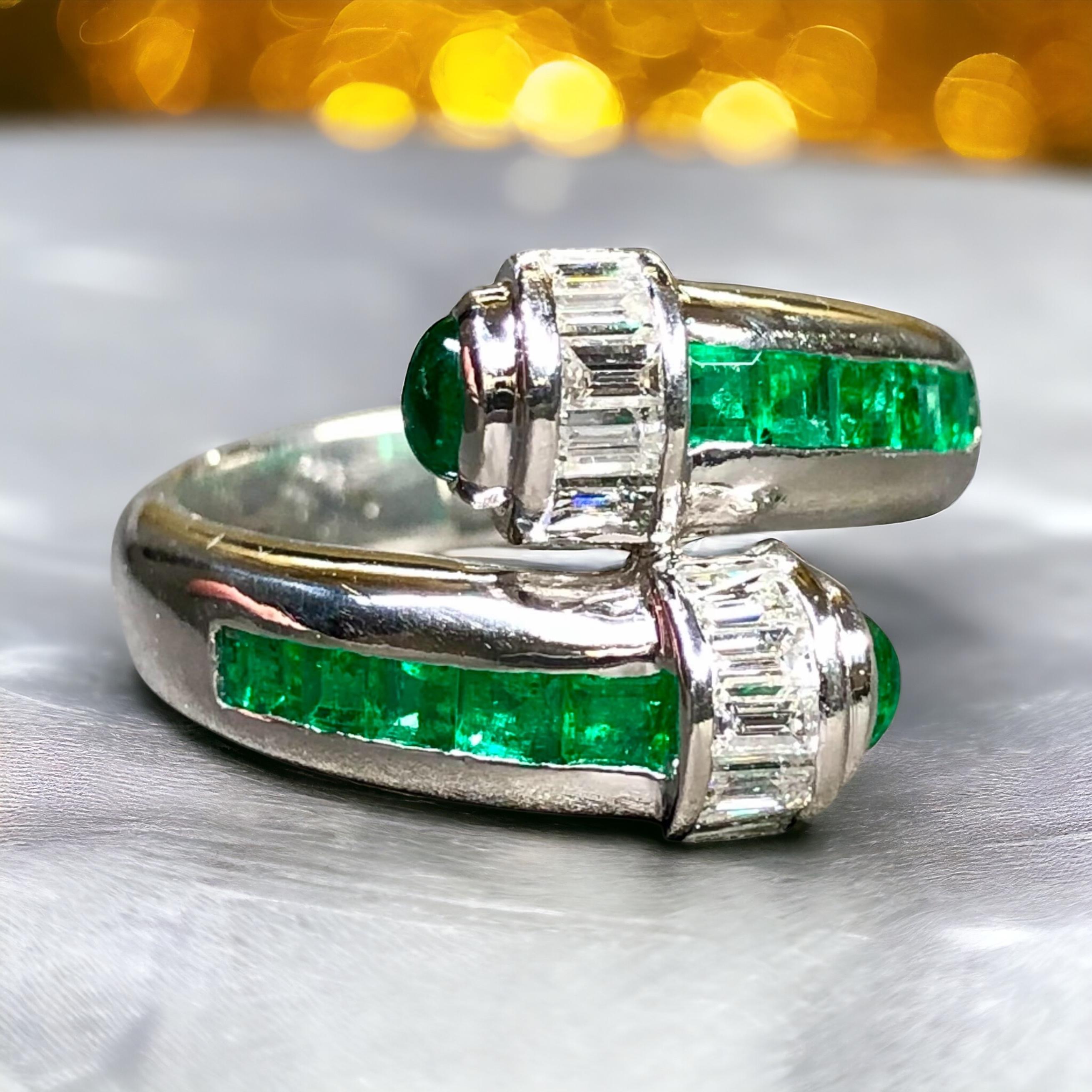 Estate Platinum Baguette Diamond Emerald Cabochon Bypass Crossover Ring 3.10ctw 6