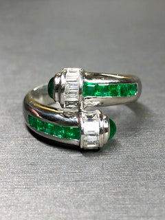 Estate Platinum Baguette Diamond Emerald Cabochon Bypass Crossover Ring 3.10ctw