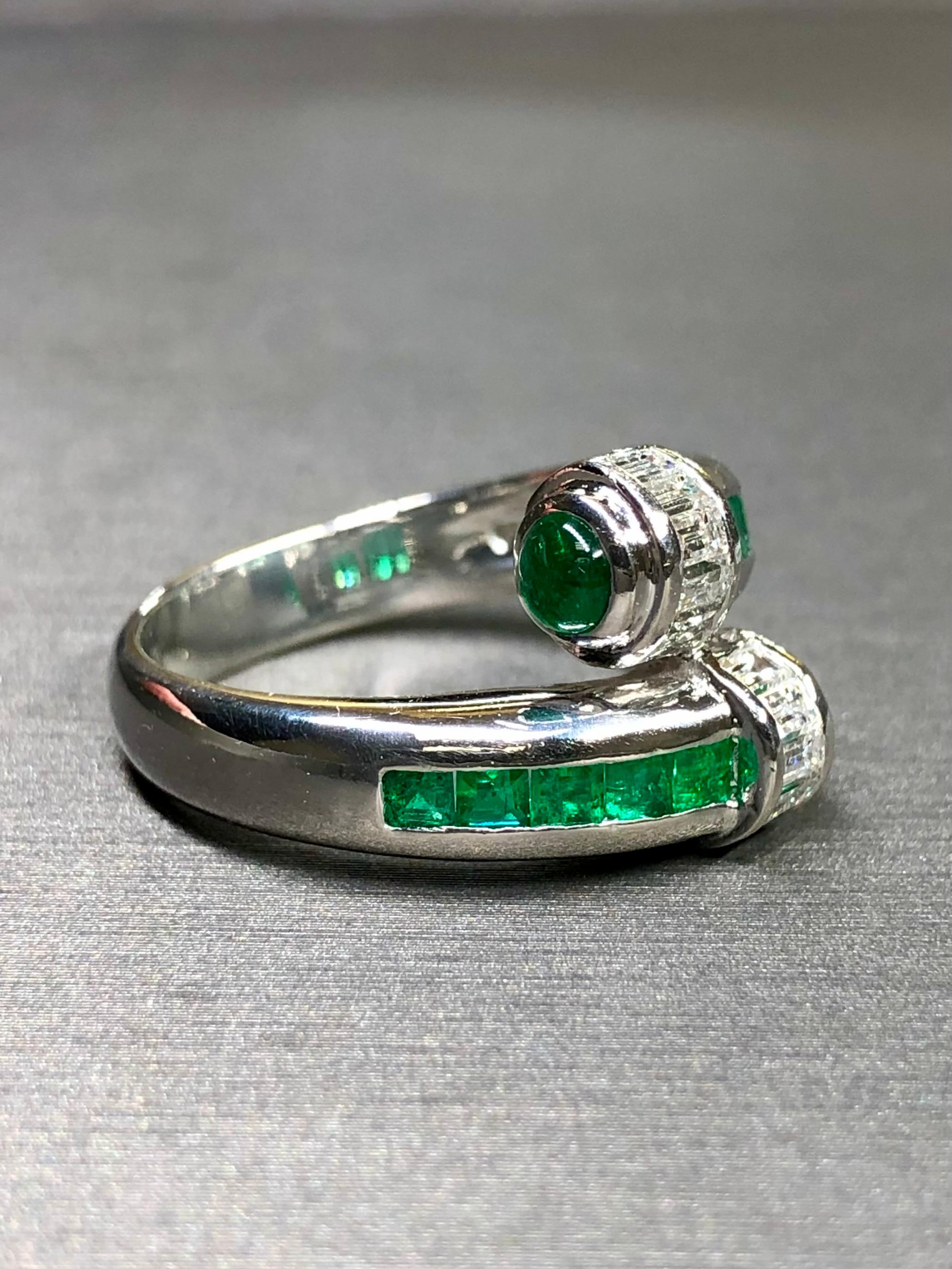 Art Deco Estate Platinum Baguette Diamond Emerald Cabochon Bypass Crossover Ring 3.10ctw