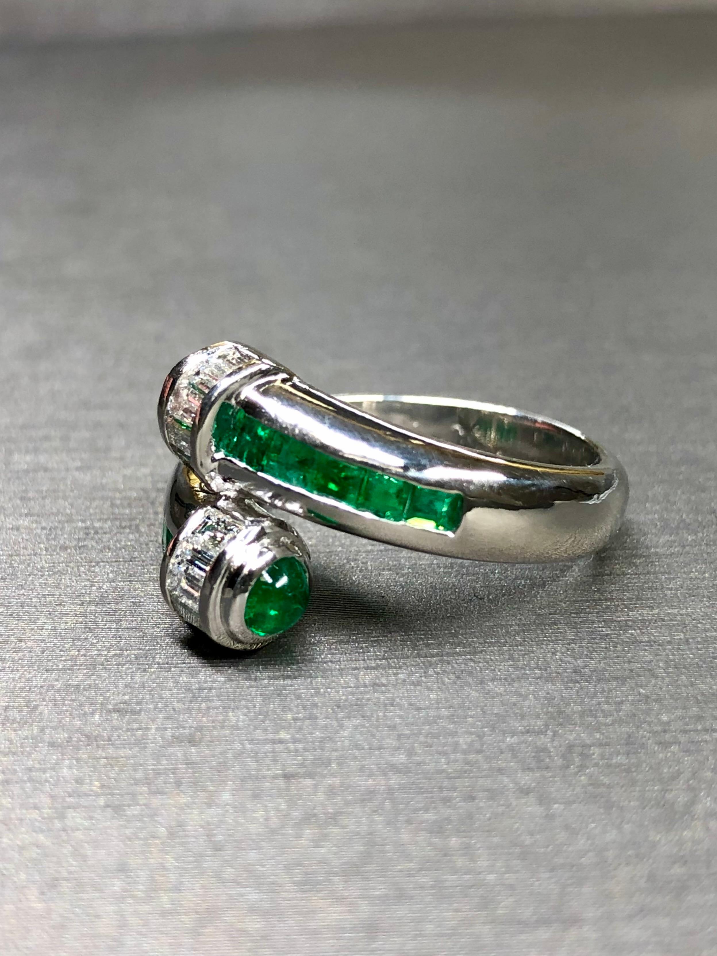 Baguette Cut Estate Platinum Baguette Diamond Emerald Cabochon Bypass Crossover Ring 3.10ctw